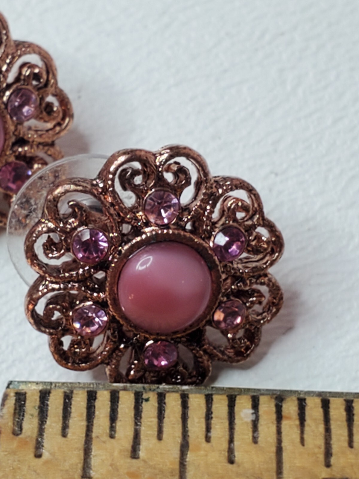 Pink Stone Tigers Eye Rhinestone Copper Colored Stud Earrings Heart Scroll