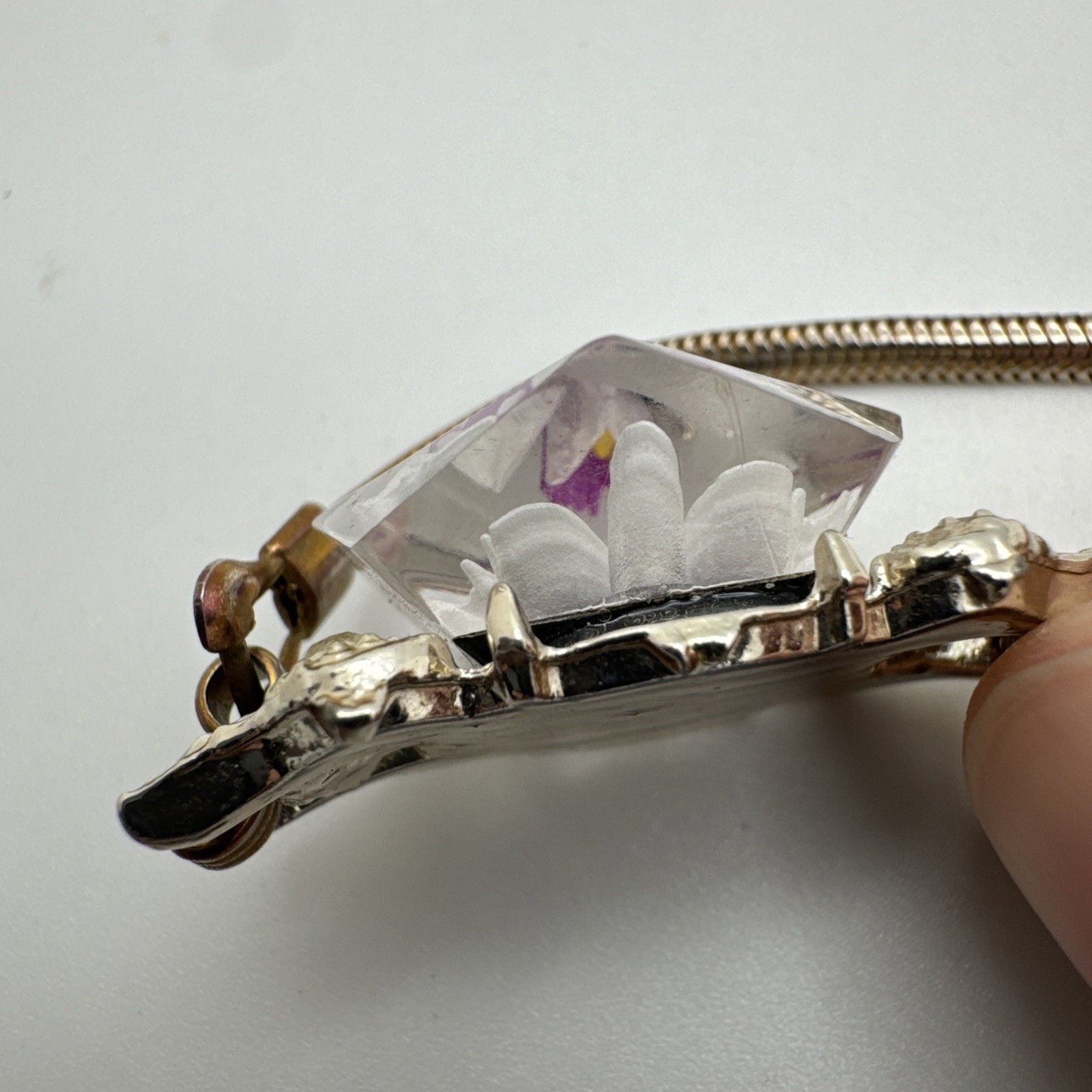 VTG Orchid White Purple Flower Snake Chain Two Tone Bracelet Clear Gem Woman