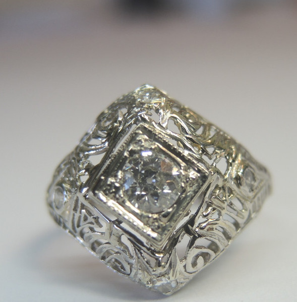 Antique Art Deco Diamond Engagement 18K White Gold Ring Size 5.75 EGL USA