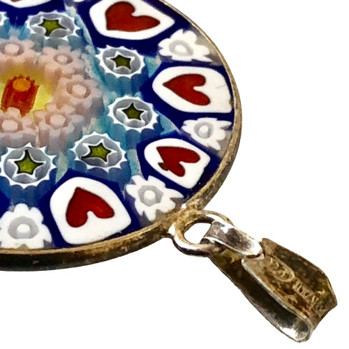 Italian Glass Handcrafted Pendant Mosaic Sterling Silver Flowers Heart