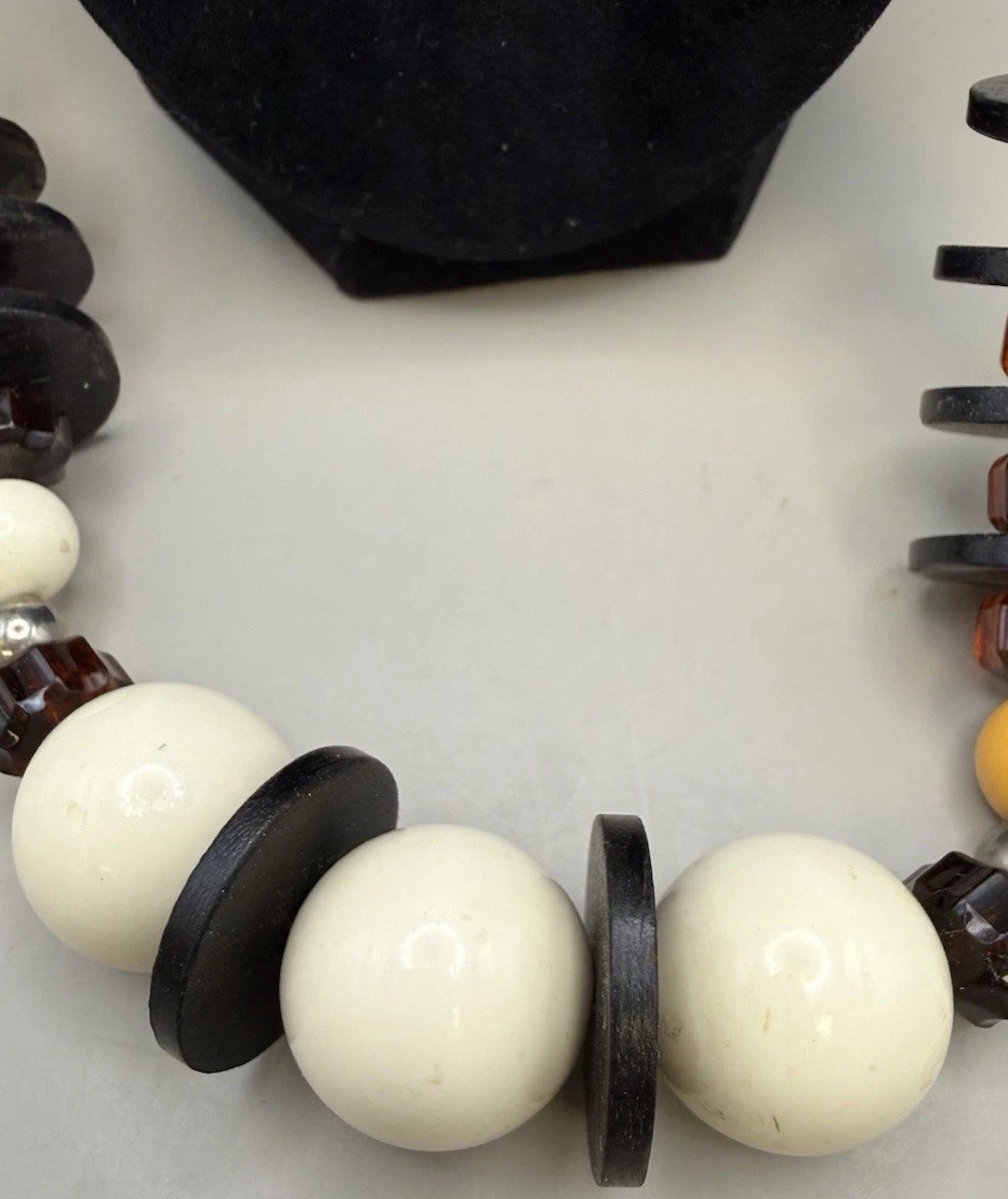 VTG Chunky Beaded Statement Necklace Cream , Amber Yellow , Black Mixed Beads