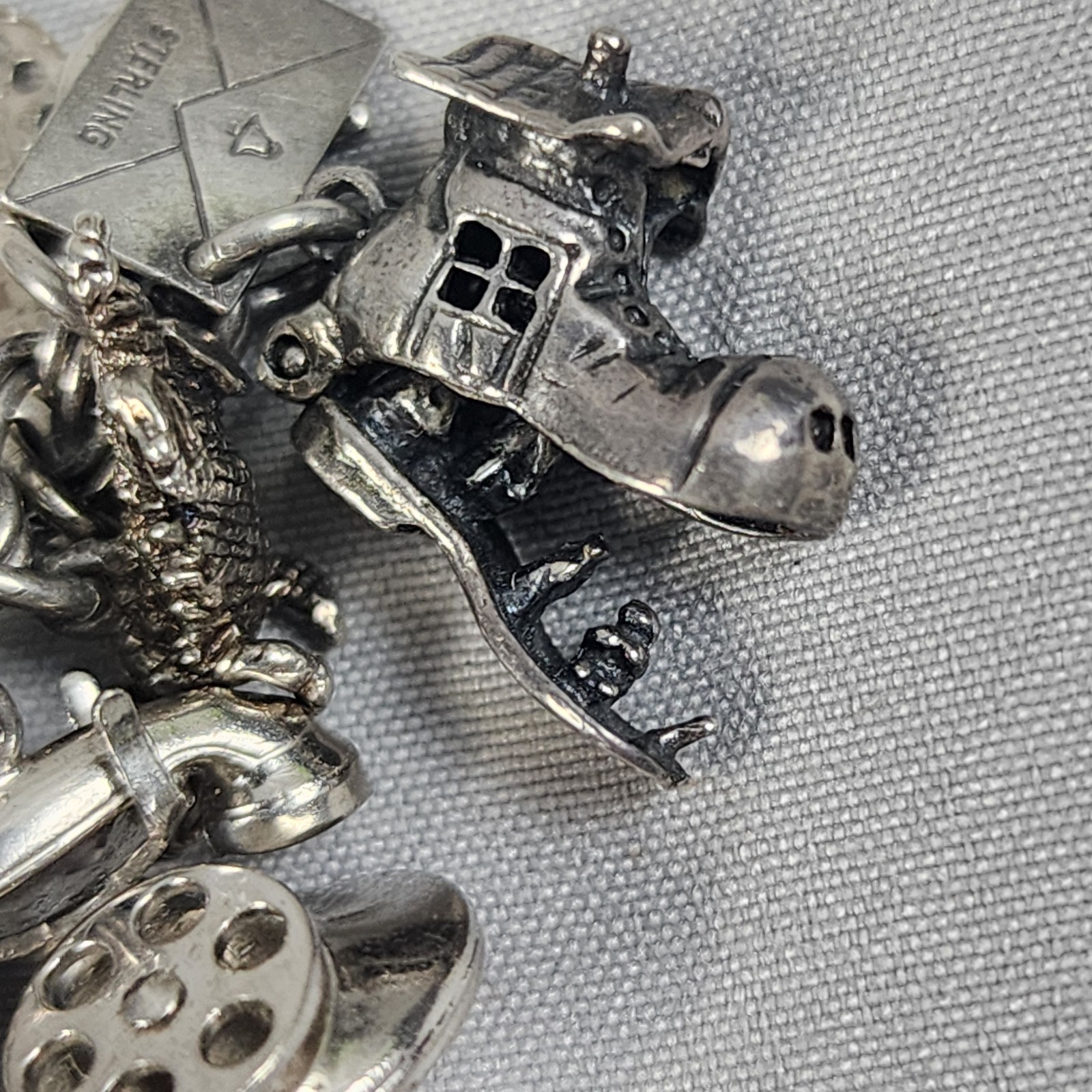 VTG Charm Bracelet 50+ Charms Sterling + Mixed Metals Movable Parts Estate Sale