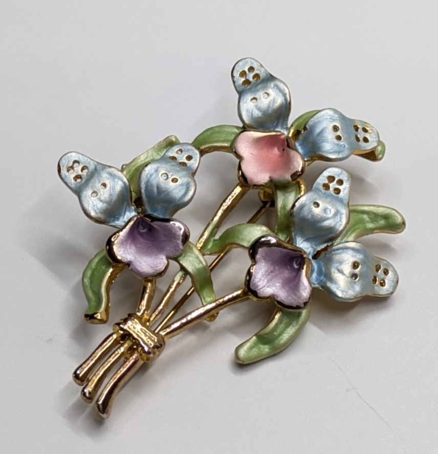 VTG Pink Purple Blue Enamel Orchid Flower Gold Tone Bouquet Brooch Pin 2.25″