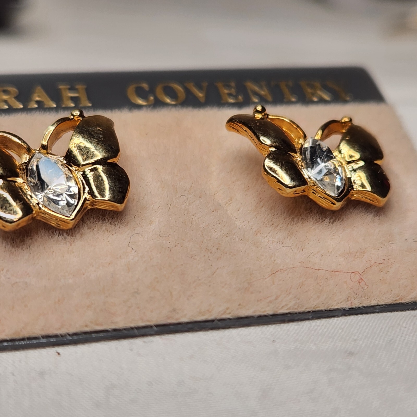 Sarah Coventry Goldtone Butterfly Earrings Clear Rhinestone Post Set 1/2 Inch
