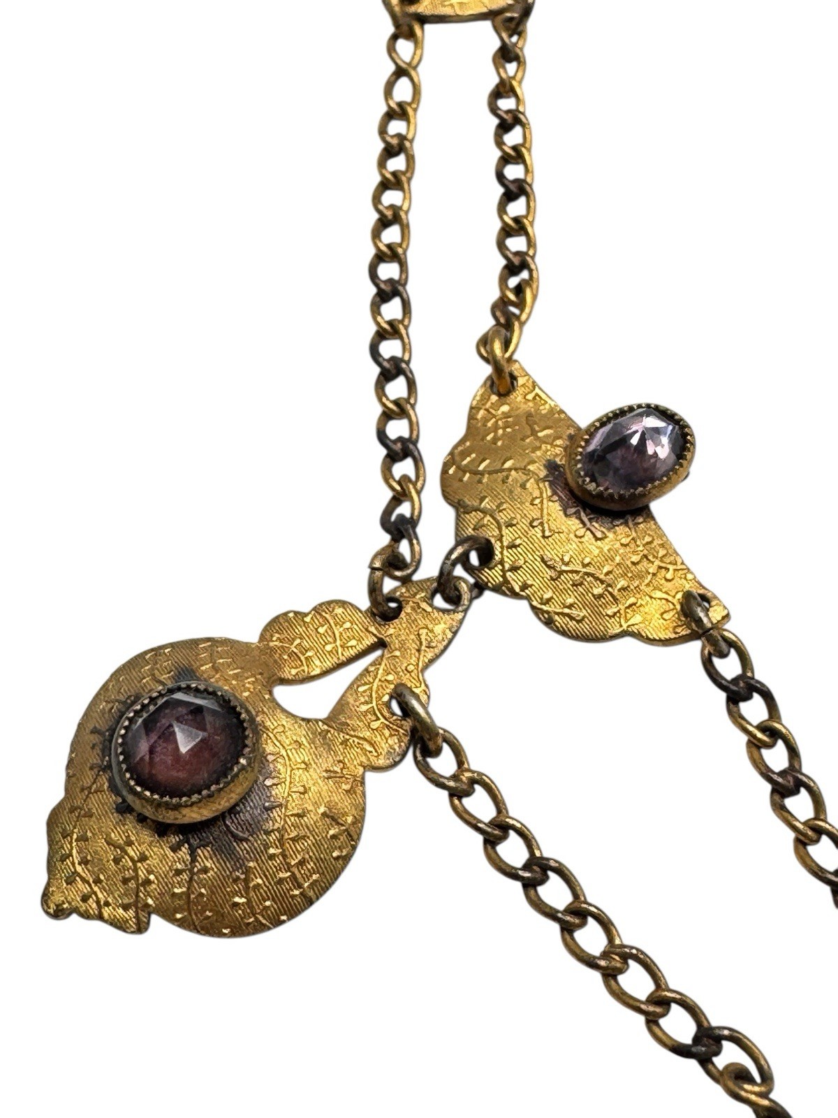 Antique Edwardian Gold Filled Festoon Necklace Rose Cut Purple Paste Stones
