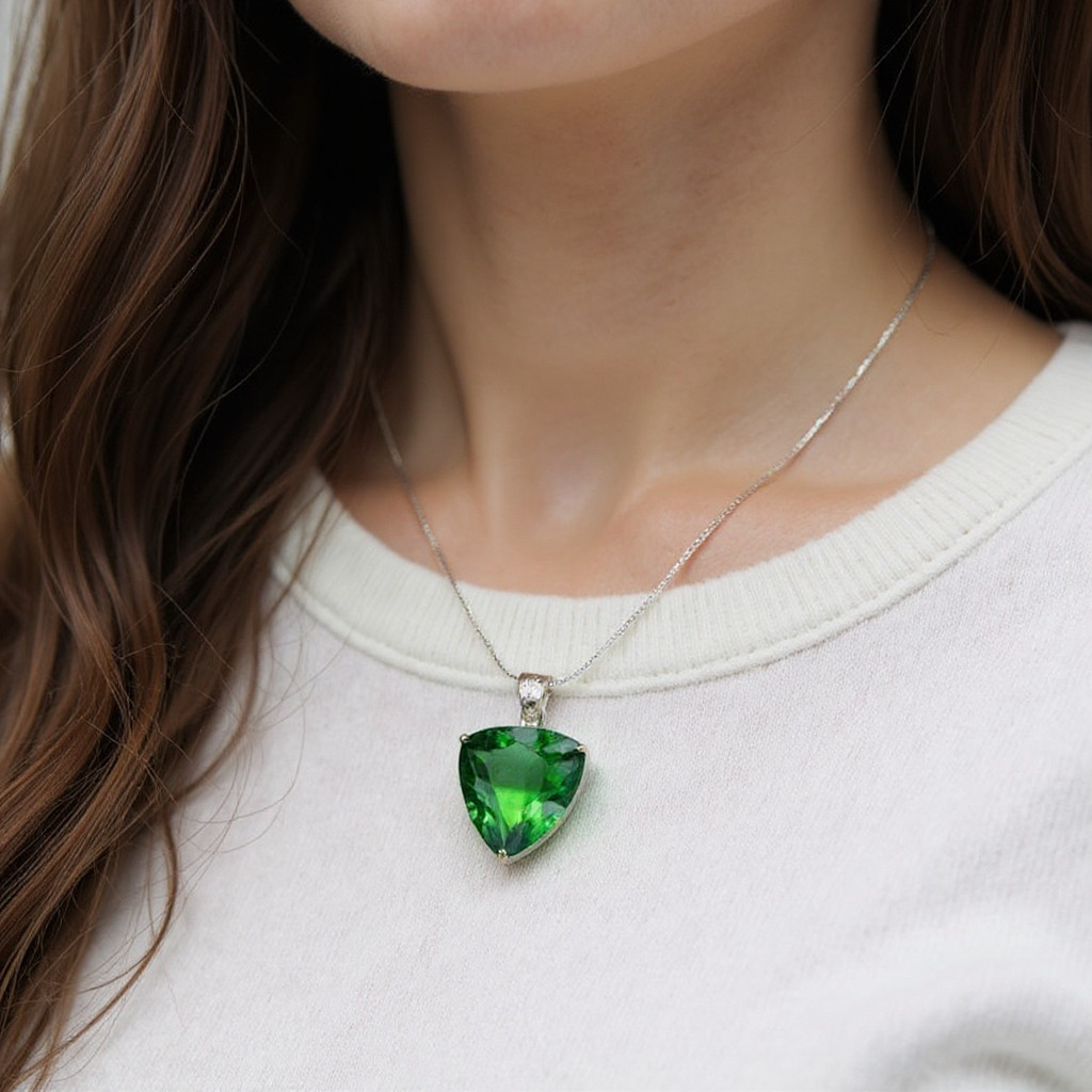 Handmade Green Emerald Trillion Pendant with Silver Chain
