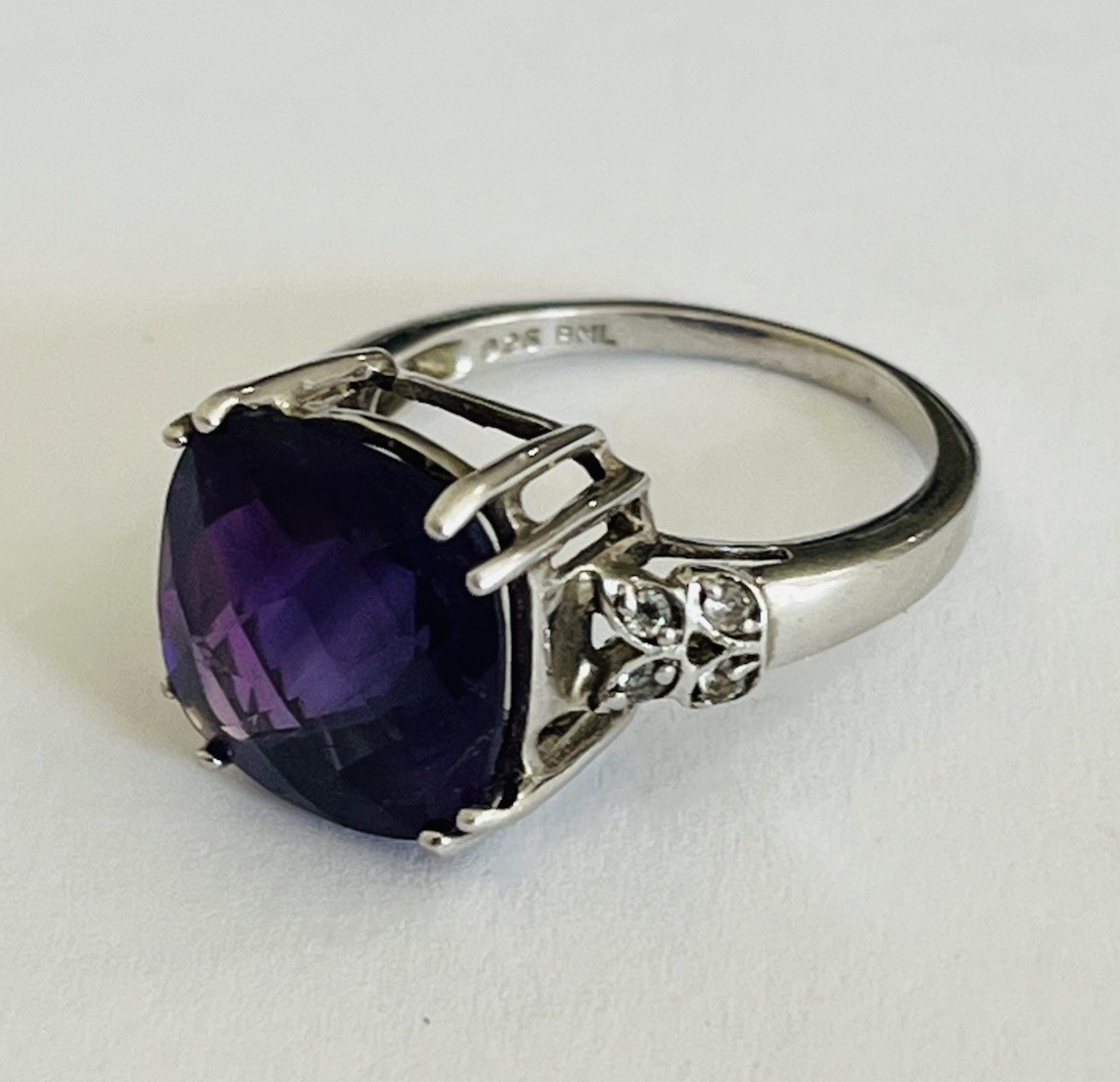Designer BML Sterling Silver Cushion Cut Amethyst And White Topaz Ring Size 7