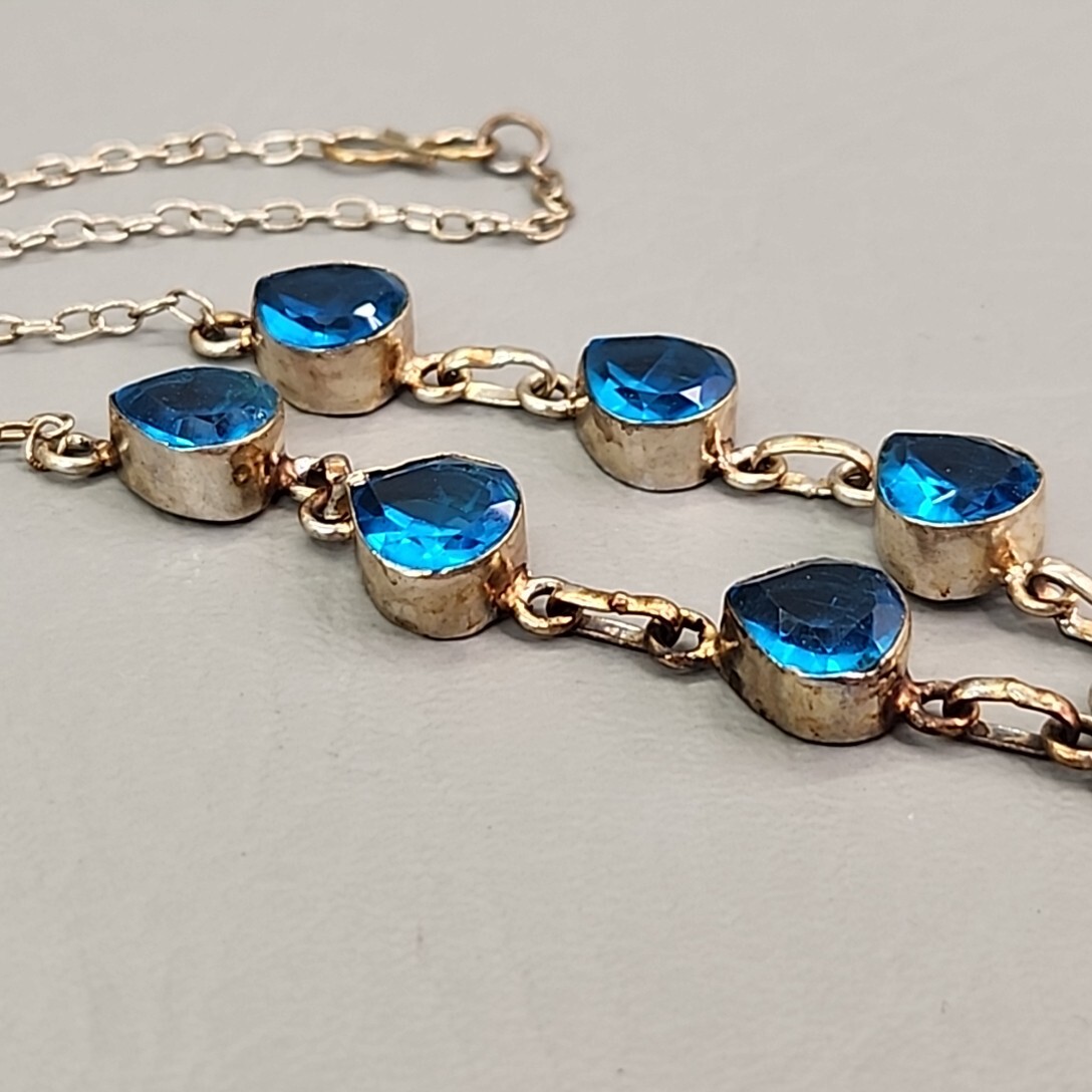 Vintage Glass Bead Necklace Blue Beads Pink Quartz Artisan Silver Tone 18.75″