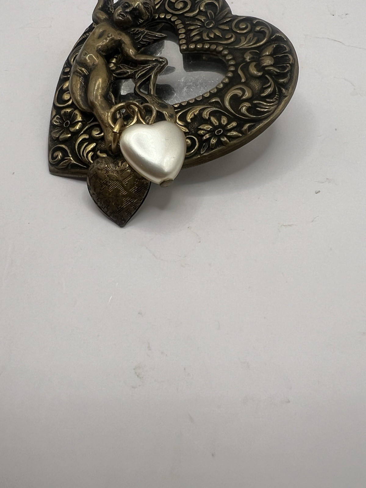 Vintage 2” Cherub Cupid Brooch Pin With 2 Heart Charms And Mirror Backing