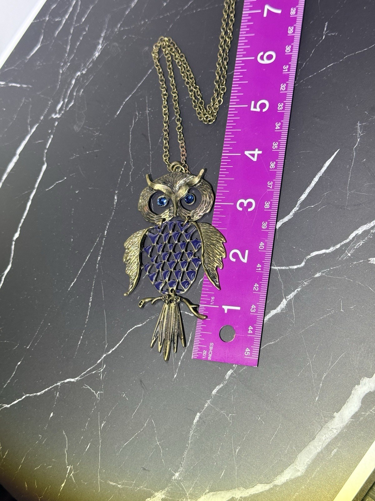 Vtg 1970″s Articulated Owl Pendant 3.75″ Silver Tone Blue Stone Eyes 30″ Chain
