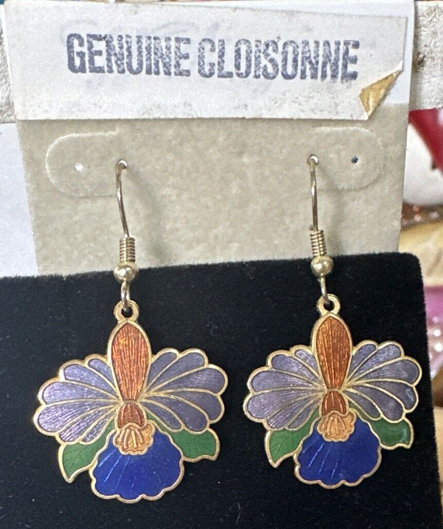 Cloisonne Enameled Blue & Purple Green Orchid Hook Pierced Earrings