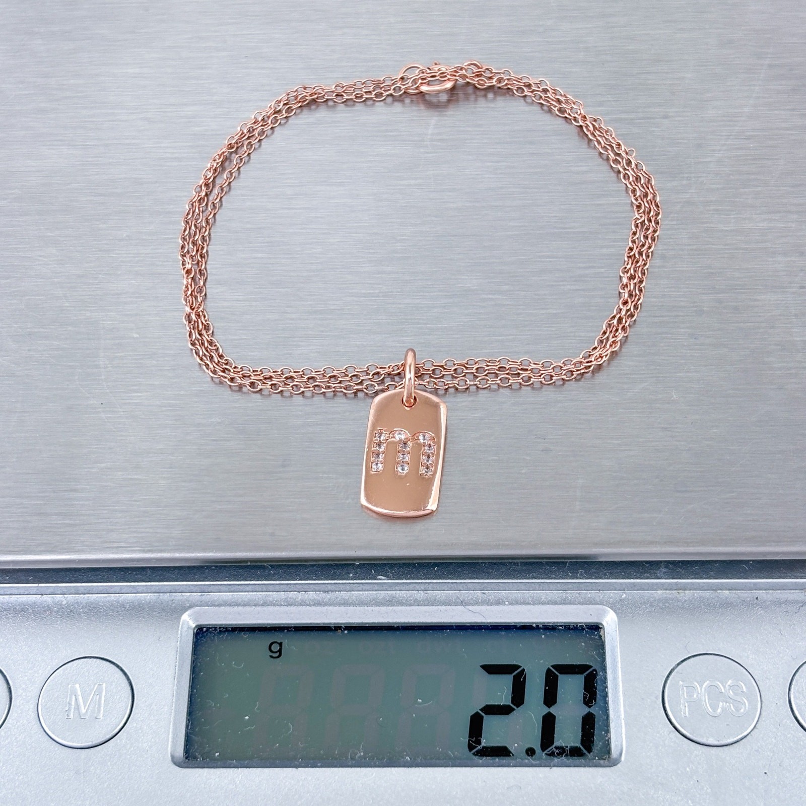 Cubic Zirconia Rose Gold-Plate “M” Dog Tag Necklace | 18″