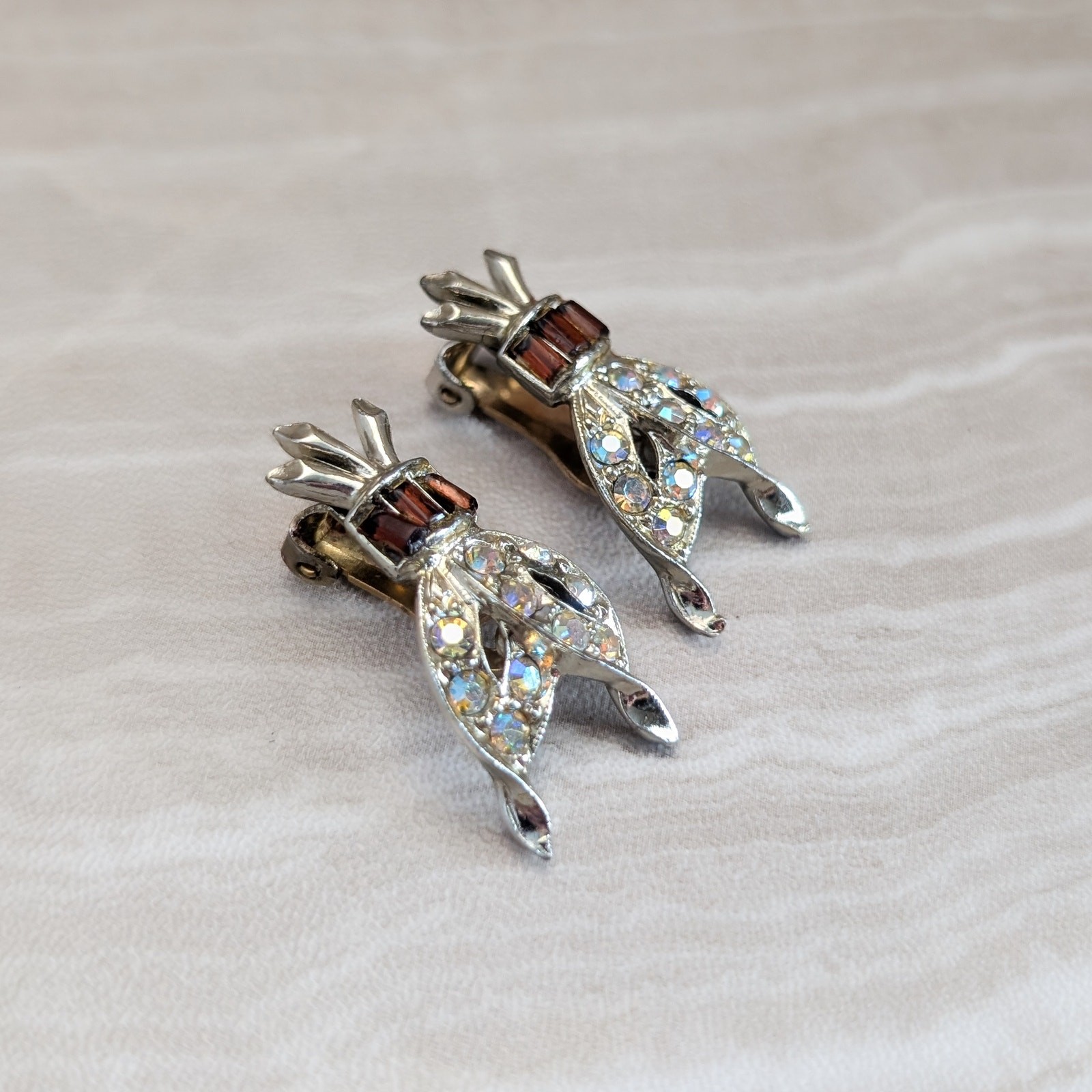 Vintage Clip On Earrings Red & Iridescent Gems Large 1.25″ – Fair Condition