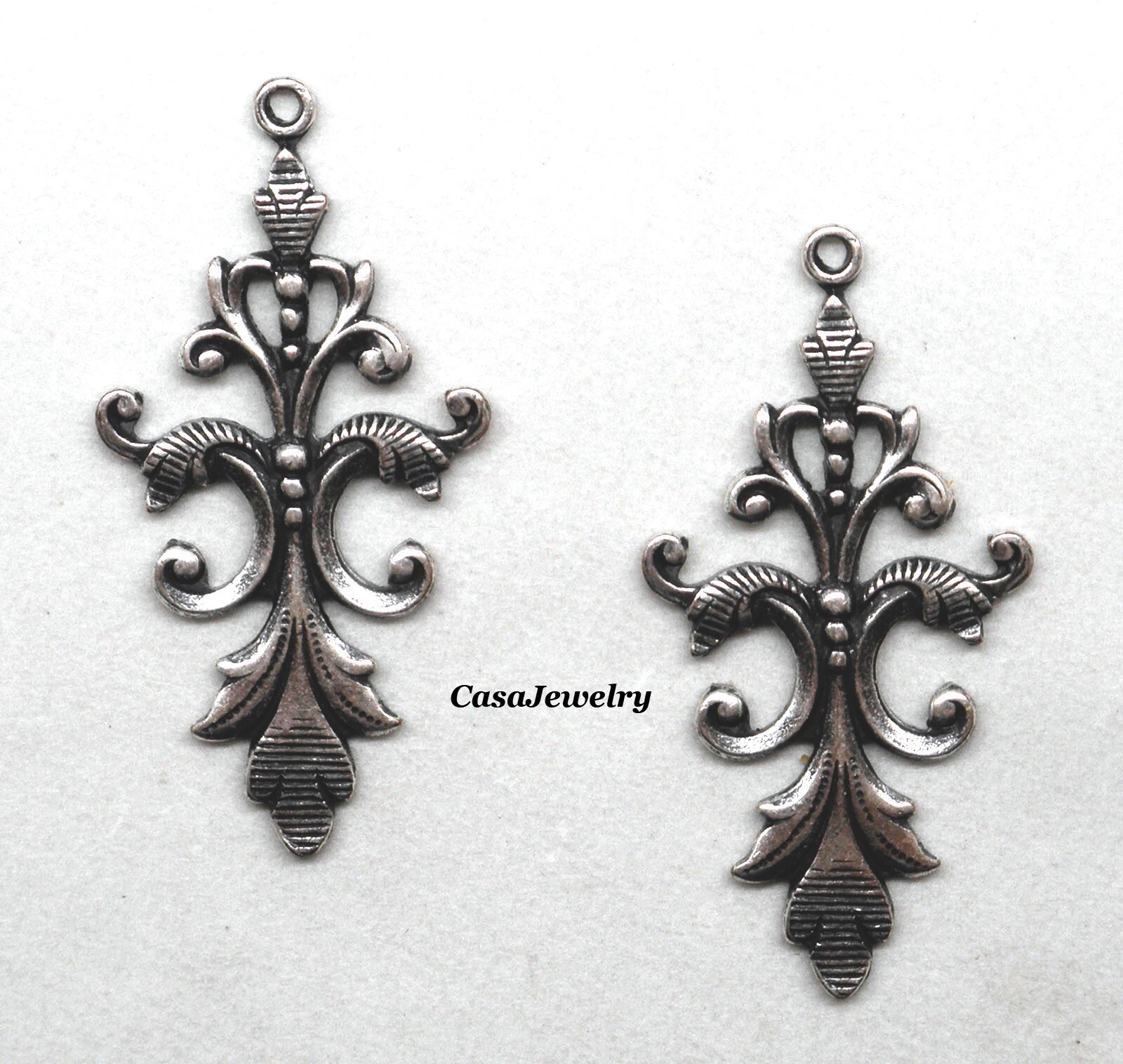 #1771-1R .925 ANTIQUED STERLING SILVER PLATED ORNATE DROP W/TOP RING – 2 Pcs