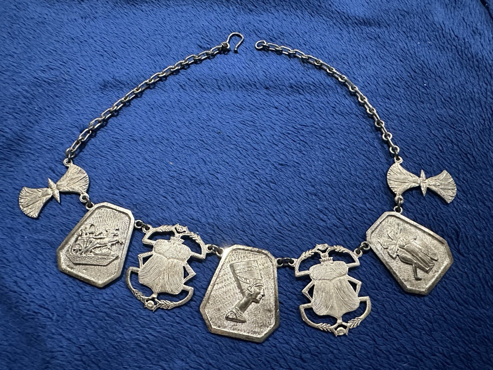 Vintage 900 Silver Egyptian Revival Panel Choker Necklace, 16.5in Long