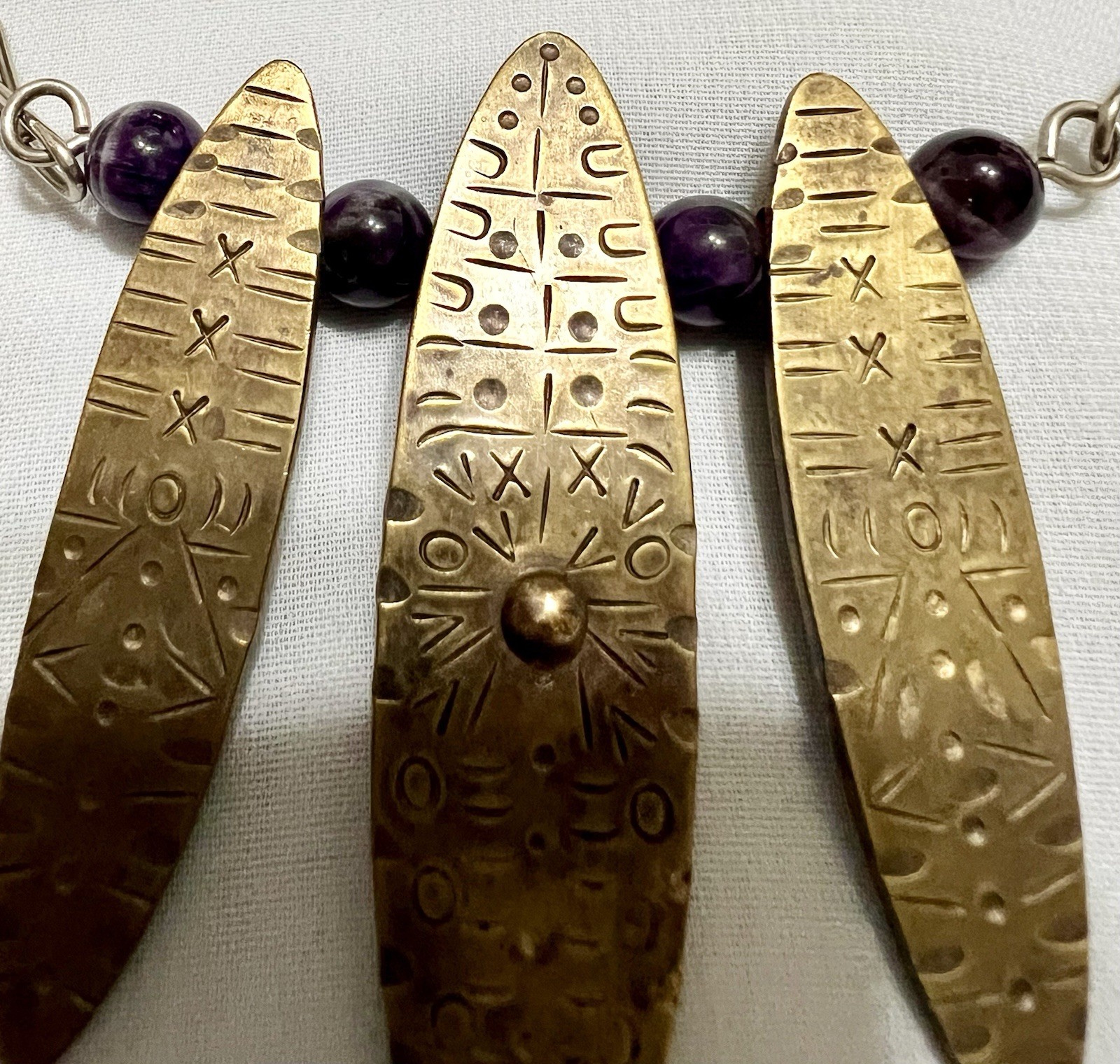 Abstract BRUTALIST Brass Metal AMETHYST BEAD PENDANT & Necklace Chain VINTAGE