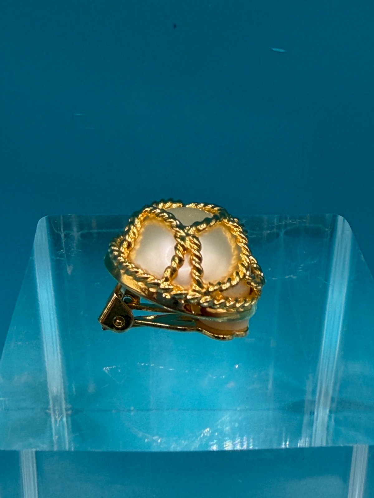 Vintage Joan Rivers Cage Earrings White Faux Pearl Gold Tone Clip-Ons Signed