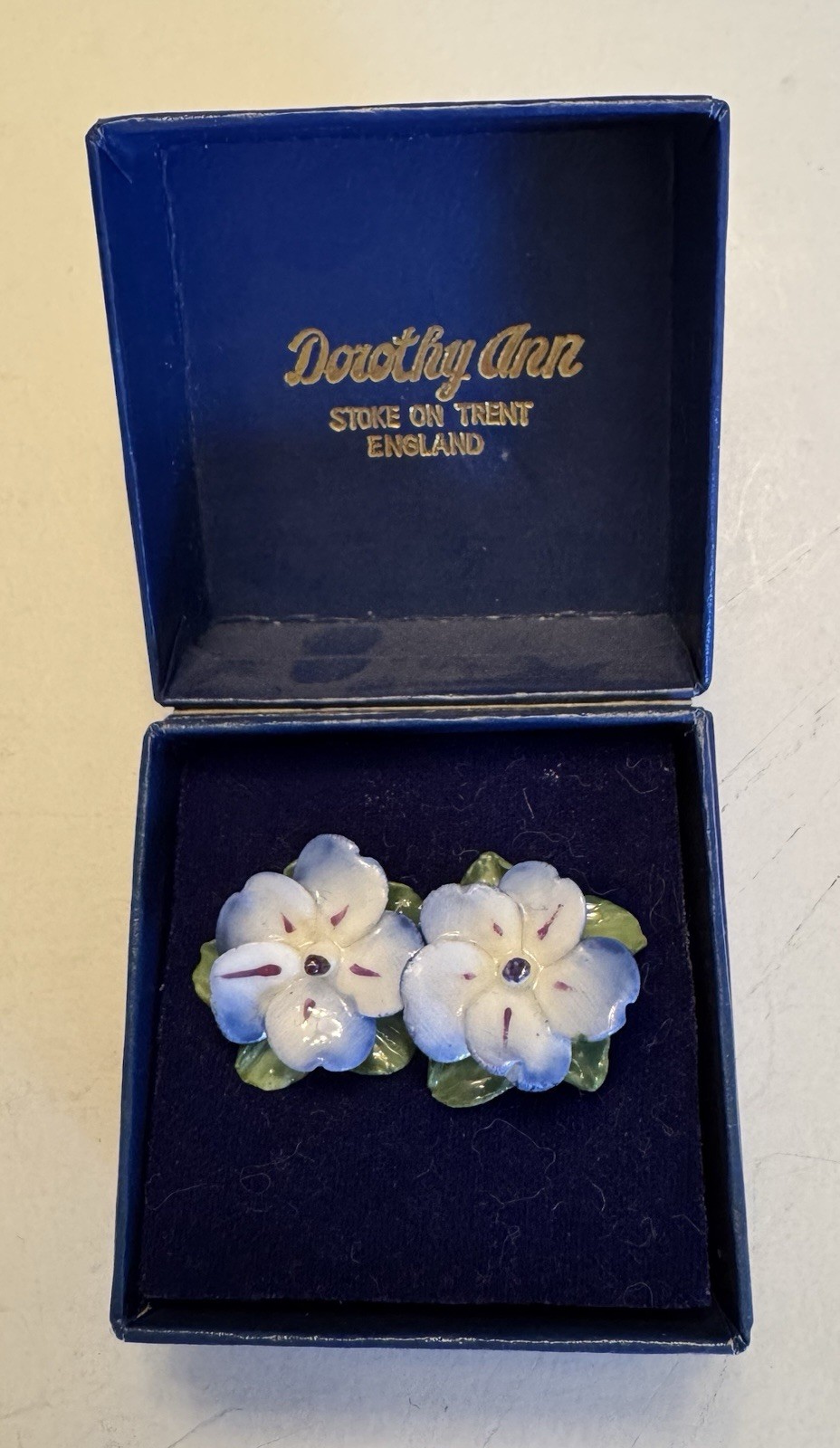 Vintage Dorothy Ann Porcelain Earrings Pansy HandPainted England Box Bone China