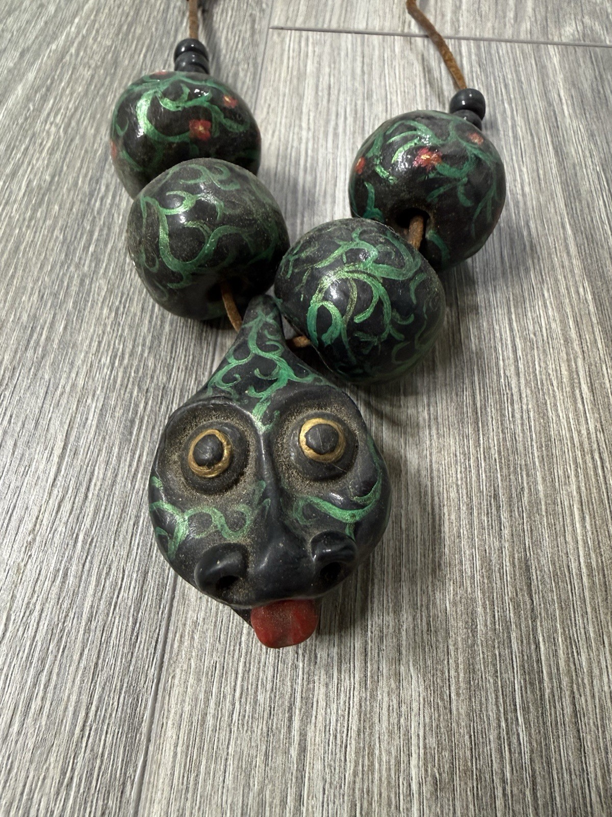 Vintage Folk Art Snake Necklace Hand Painted Beads Leather Cord Tribal Primitive