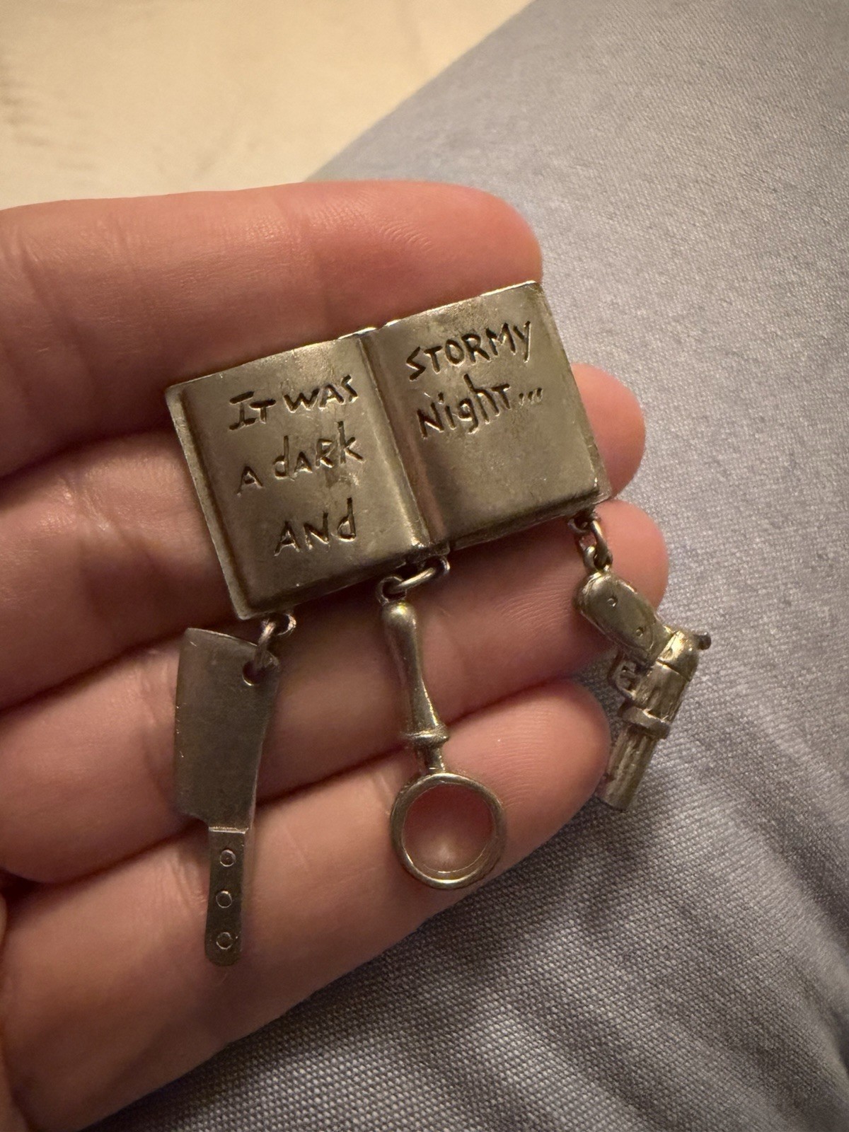 Vintage Clift Pewter “It Was A Dark And Stormy Night” Mystery Book Brooch Charms