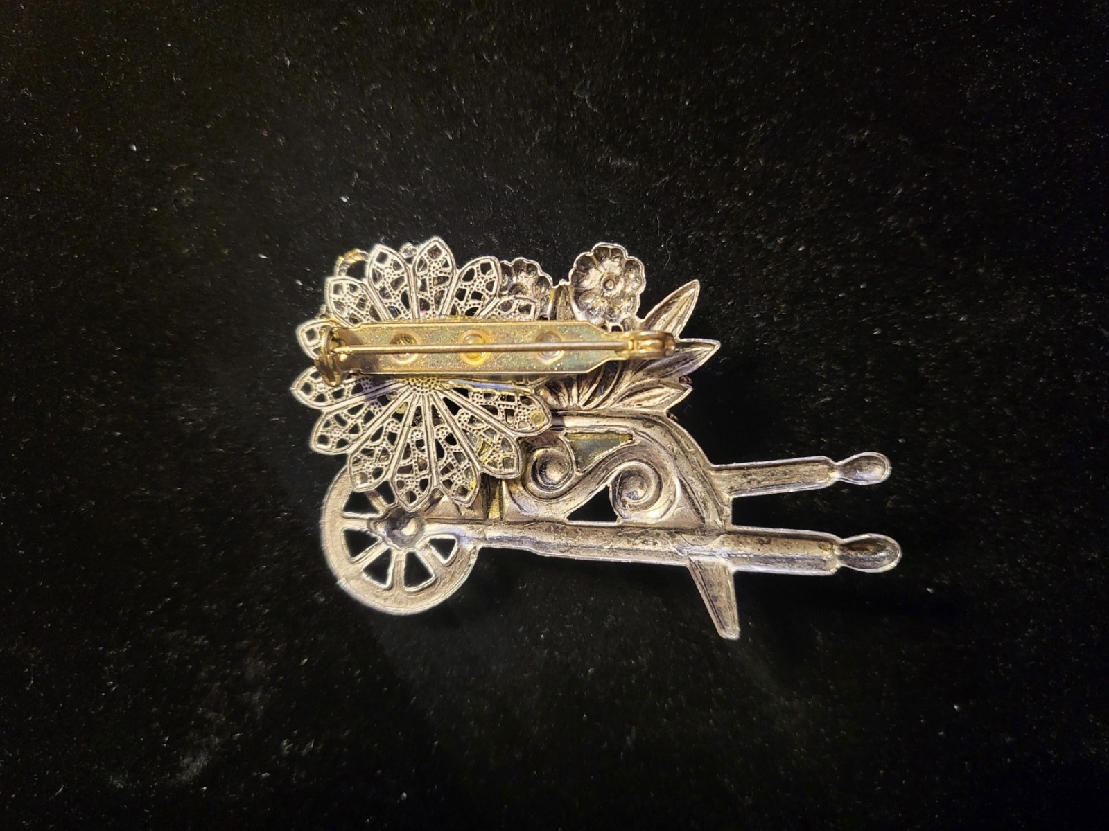 Vintage Intricate Wheelbarrow of Flowers, Pewter Tone with Rhinestones, Estate