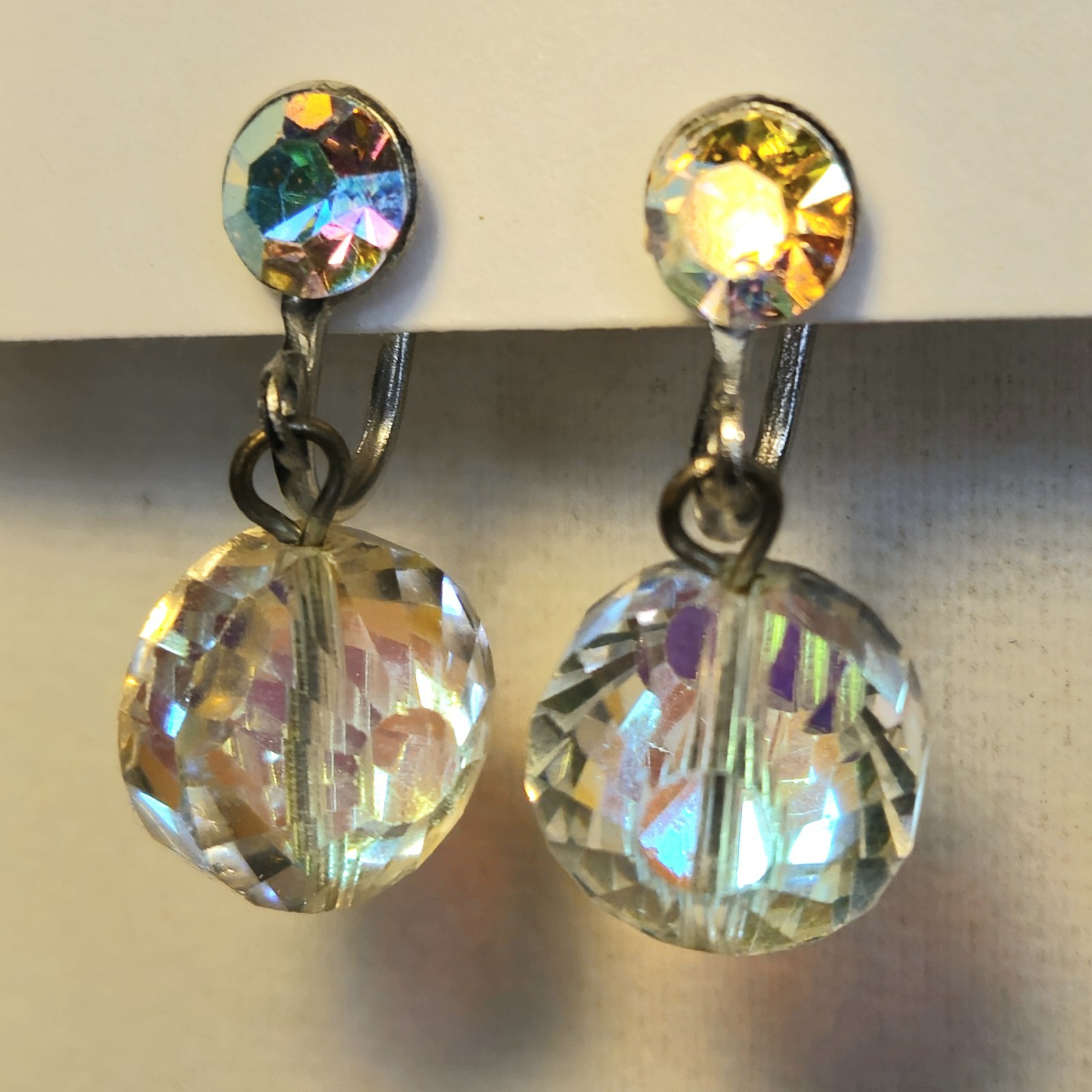 Clear Crystal Prism Earrings • Acrylic Dangle Ball • Silver Tone • 1 Inch