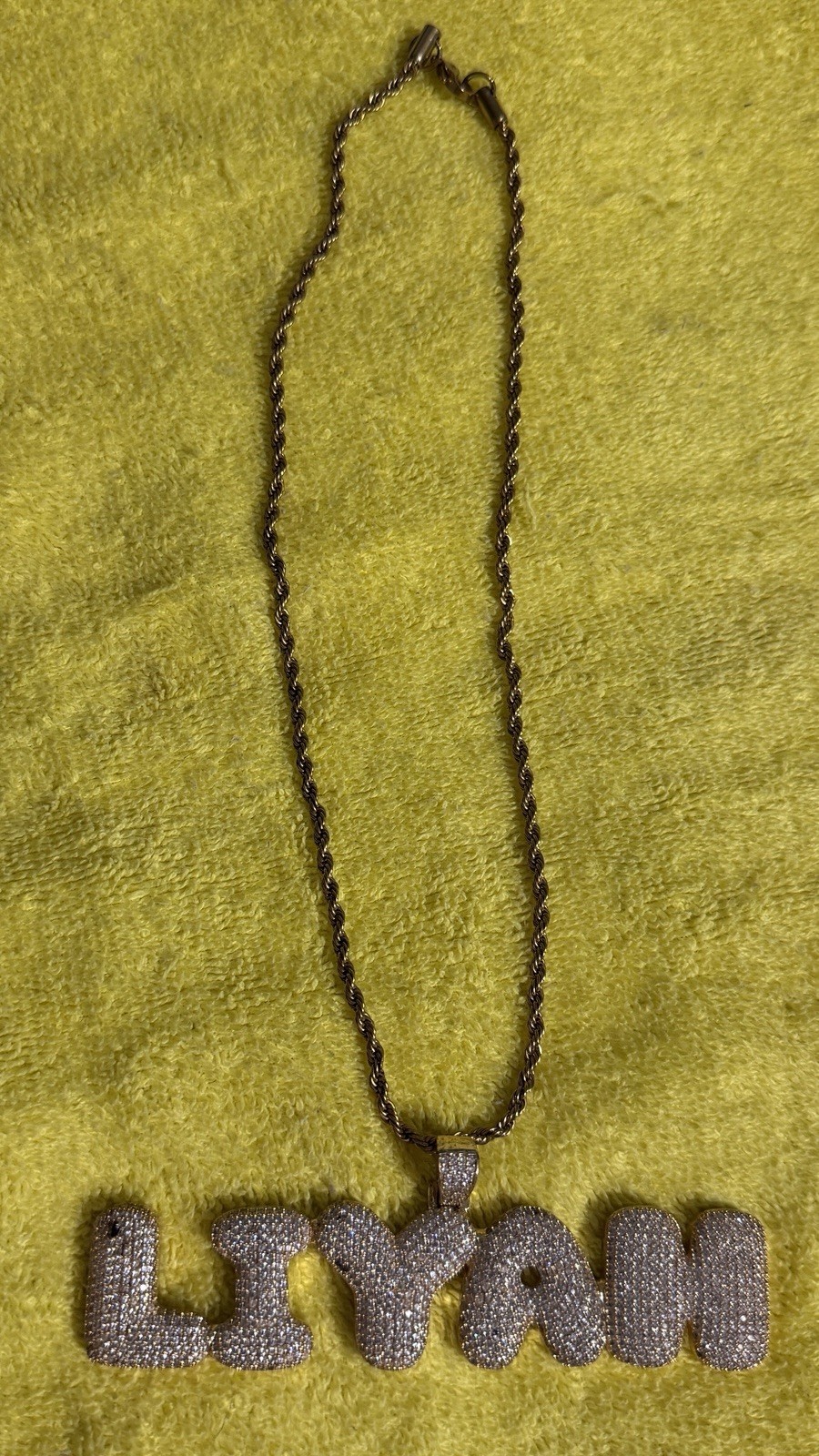 vintage “LIYAH” GOLD TONE PENDANT w/FAUX DIAMONDS & 18” GOLD PLATE ROPE CHAIN