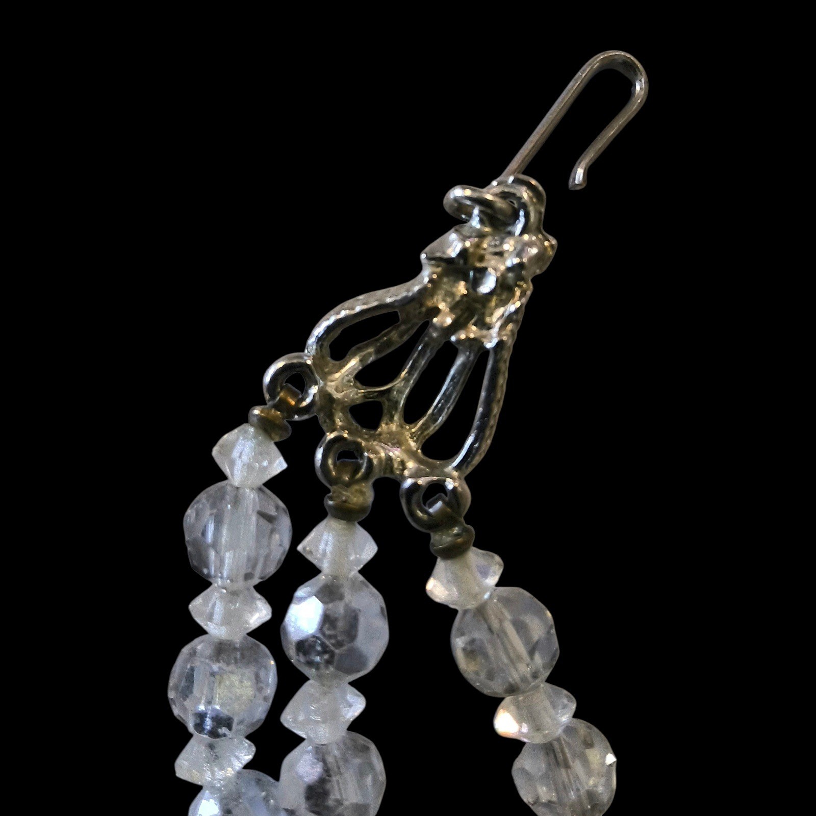 Vintage 3 Strand Crystal Glass Choker Necklace Clear Gray Faceted Beads 12–15″