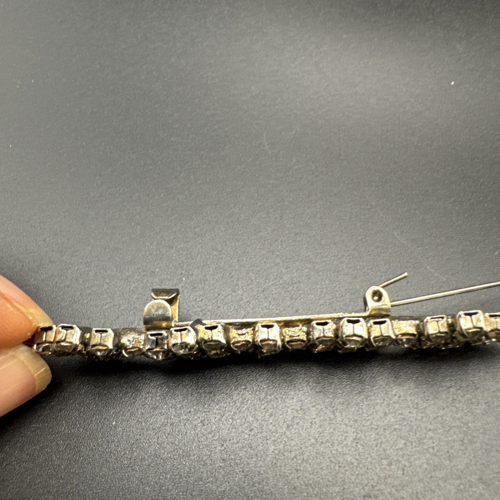 Vintage 1940s Long Ice Rhinestone Geometric Bar Pin 7.3cm Silver Tone C Clasp