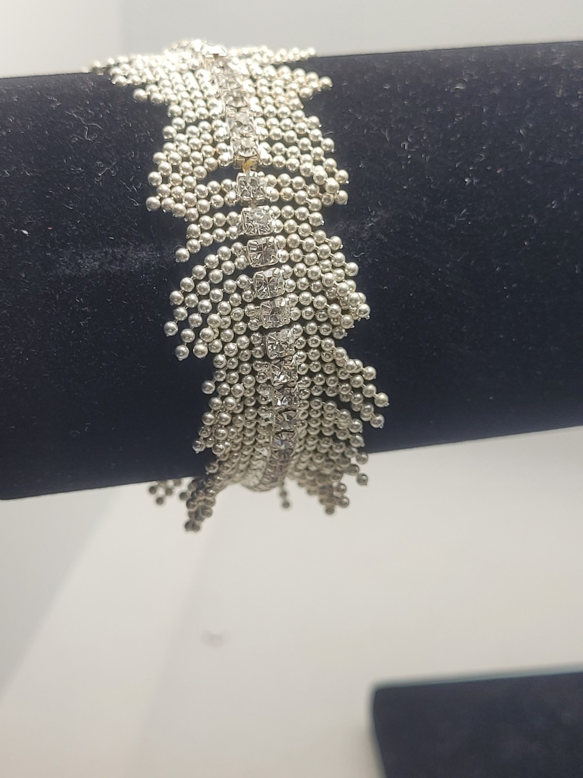 Vintage Silver Tone beaded fringe stretch bracelet with crystals.