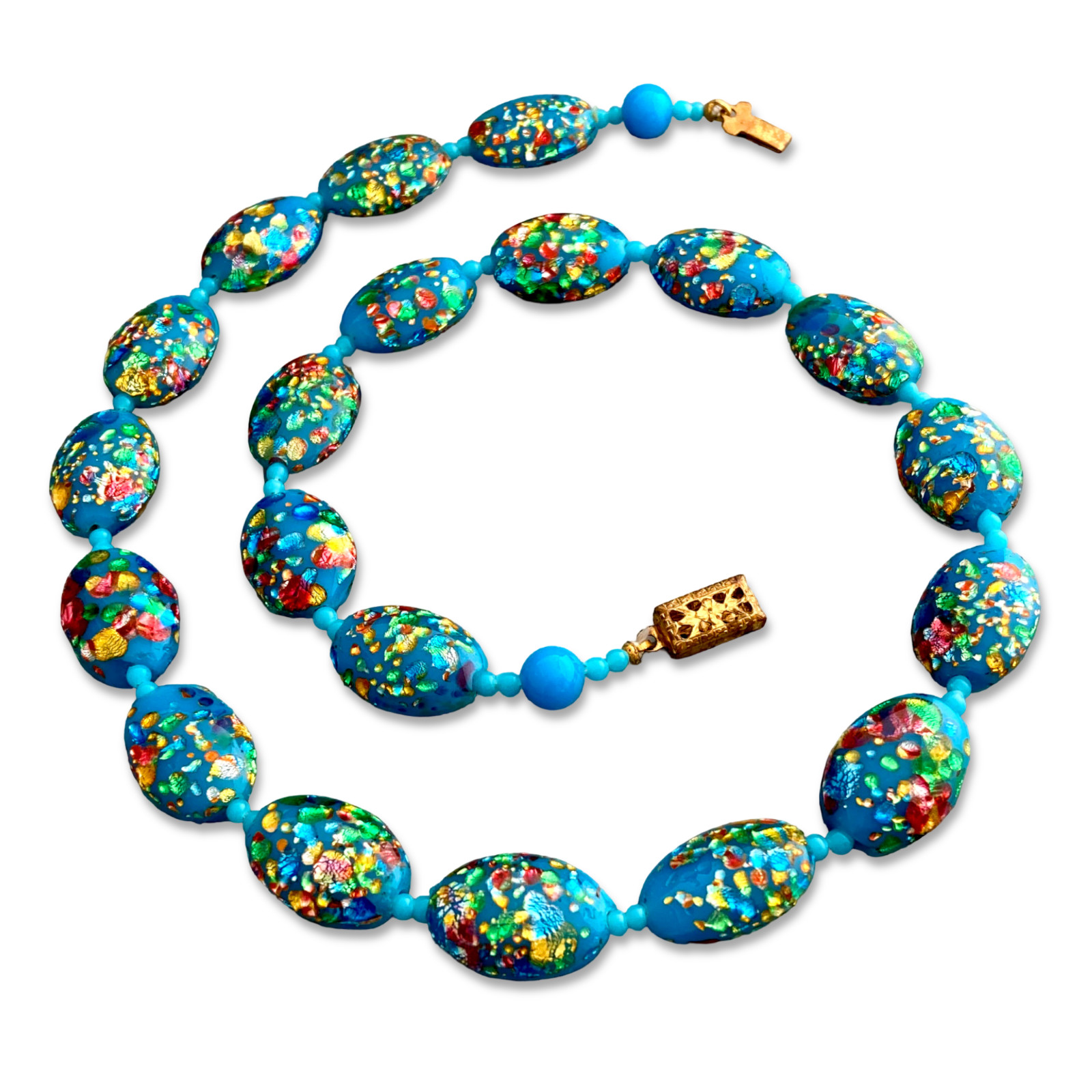 Vintage 1930s Art Deco Czech Blue Art Glass Foil Splatter Bead Choker Necklace