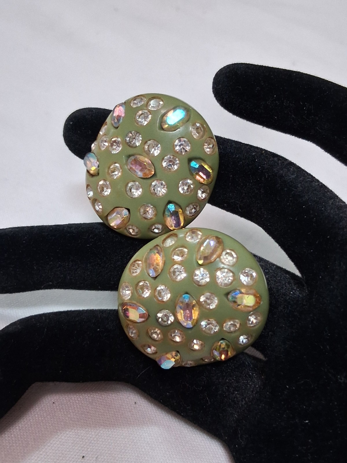 Vintage Weiss Aurora Borealis Earrings GREEN Bakelite Clip-on Tested Signed
