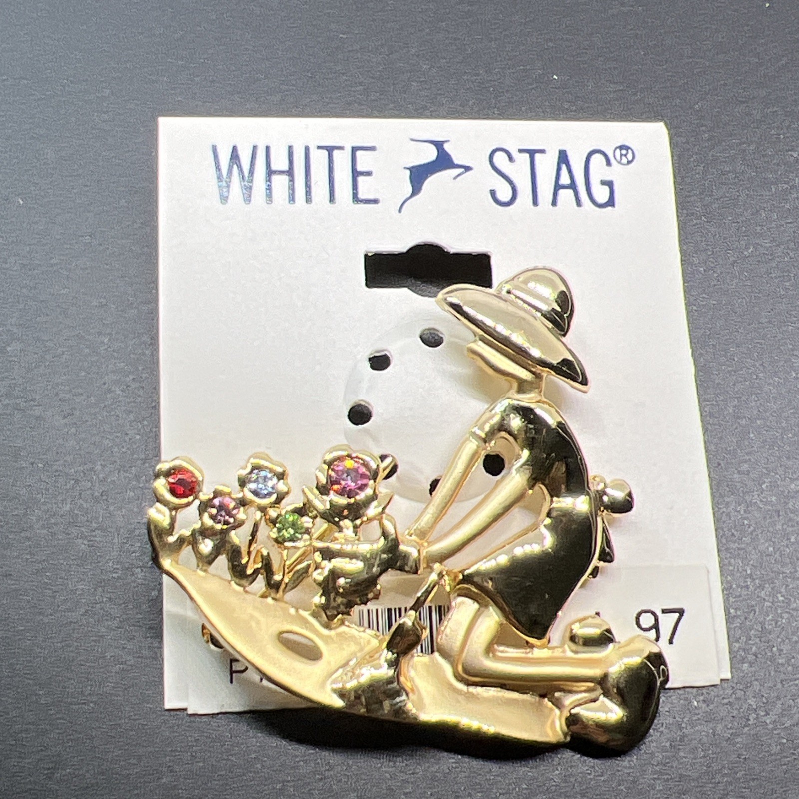New White Stag Gold Tone Gardener Gardening Planting Flowers Brooch Rhinestones