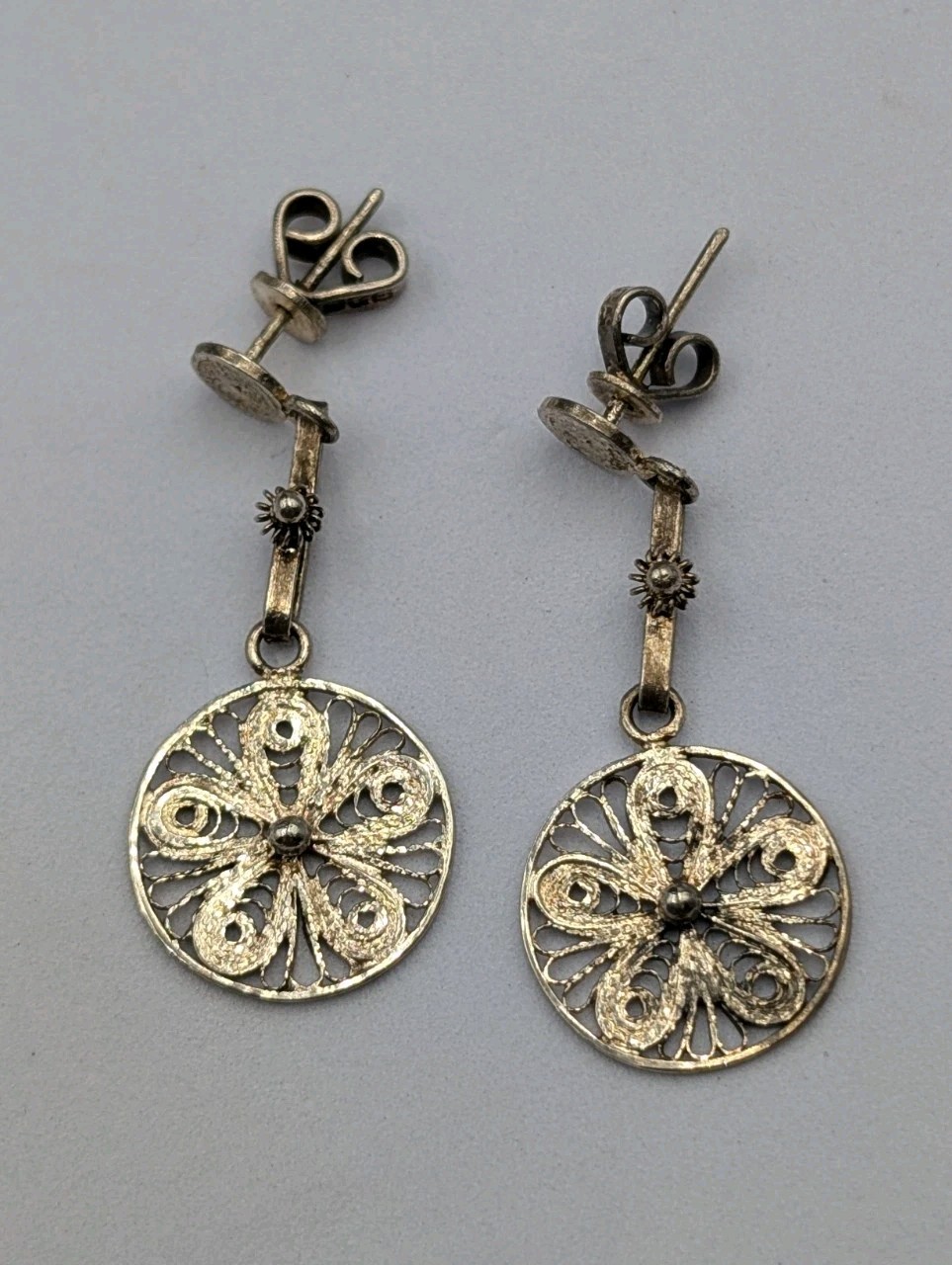 Vtg Sterling Silver Filigree Cannetille Flower Round Stud Dangle 925 Earrings 3g