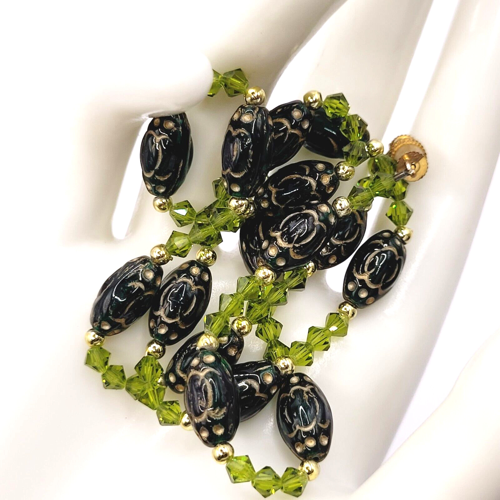 Green Art Glass Crystal Vintage Necklace Light & Dark Green Shades Gilded Beads