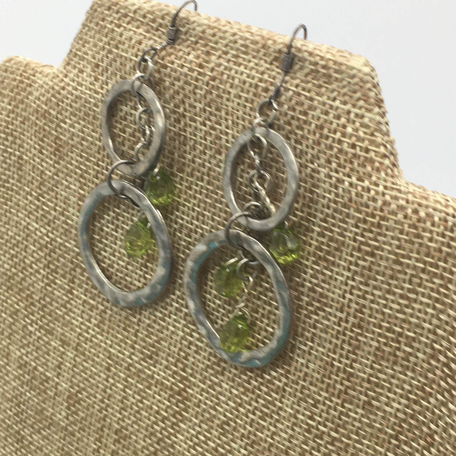 Double Hoop Dangle Fish Hook Earrings With Acrylic Green Beads Approximately 2”