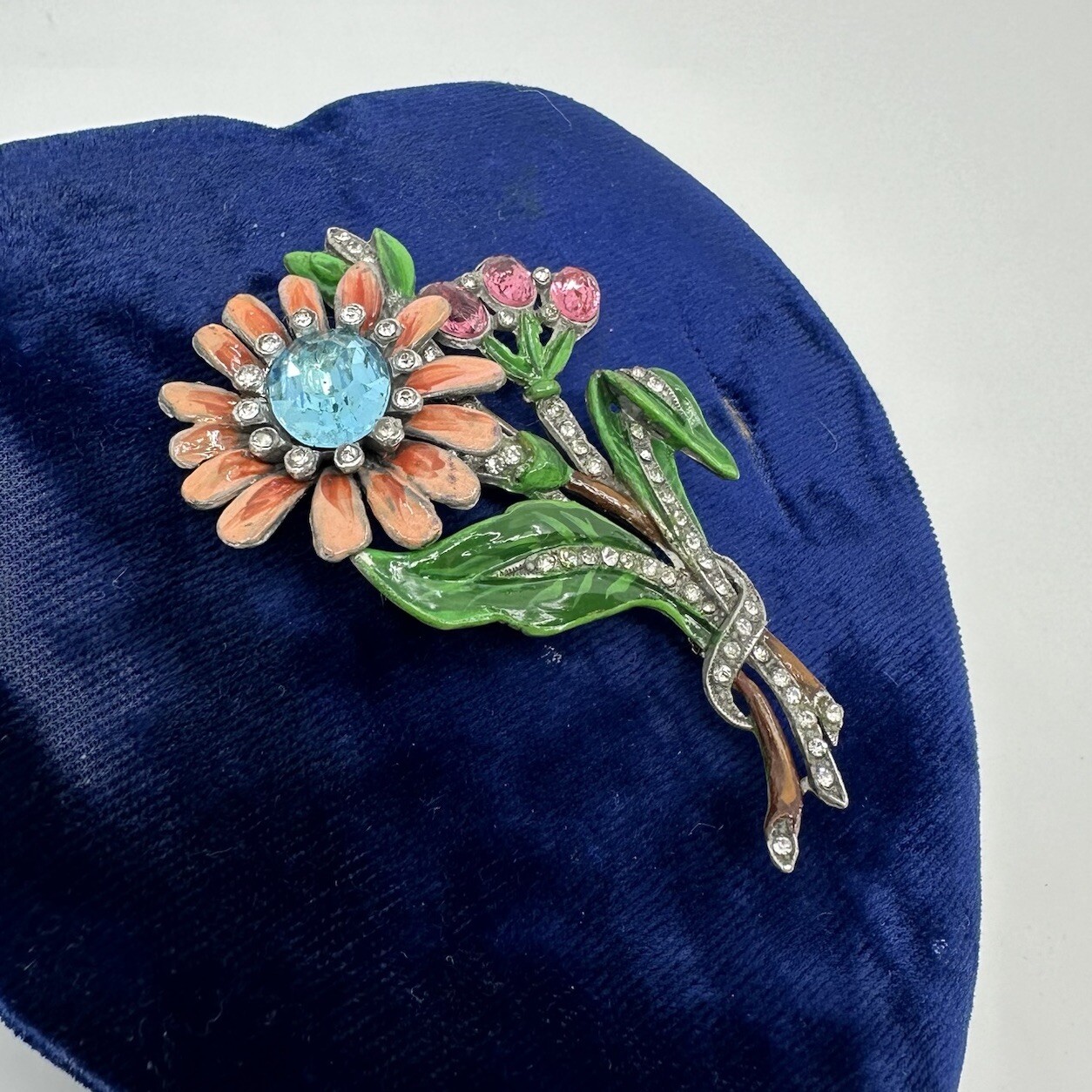 Vintage Art Deco Enamel Flower Brooch Trifari / Coro Style Pot Metal Spray Pin