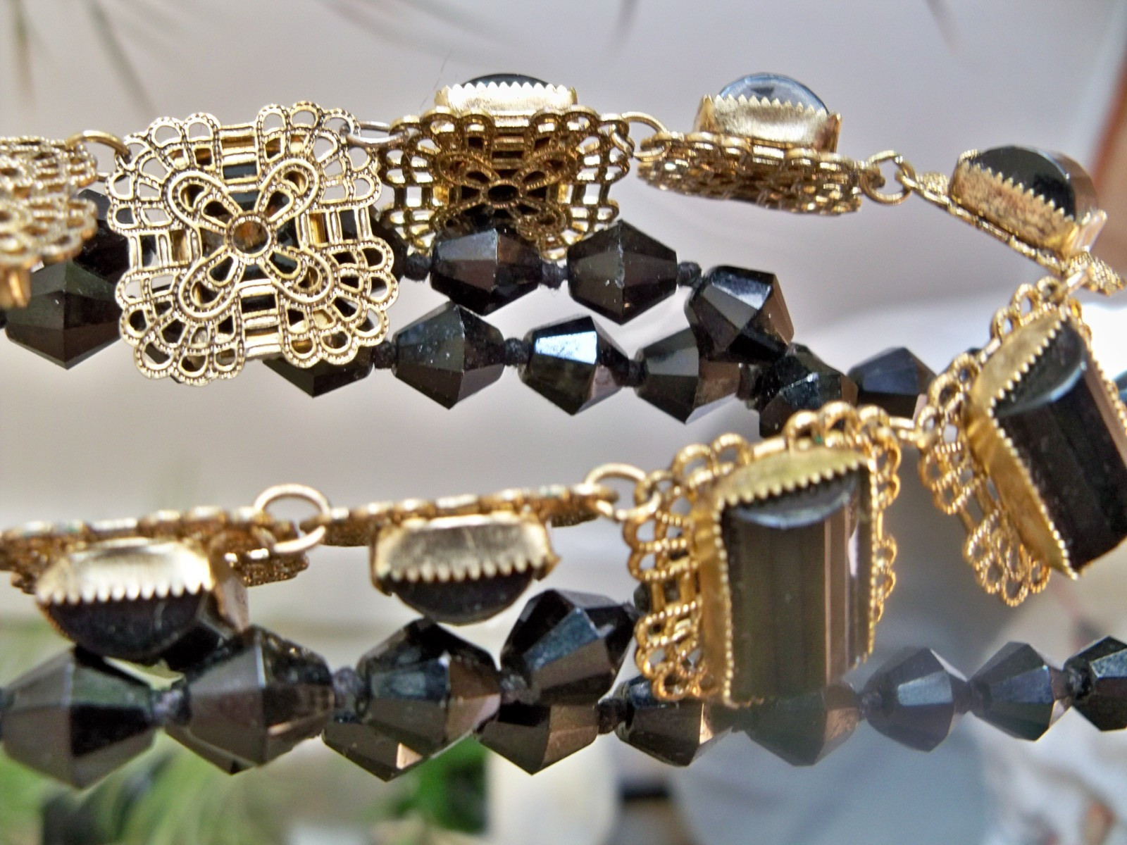 WOW 60″ BICONE flapper necklace lot mourning gold tone collar gothic revival