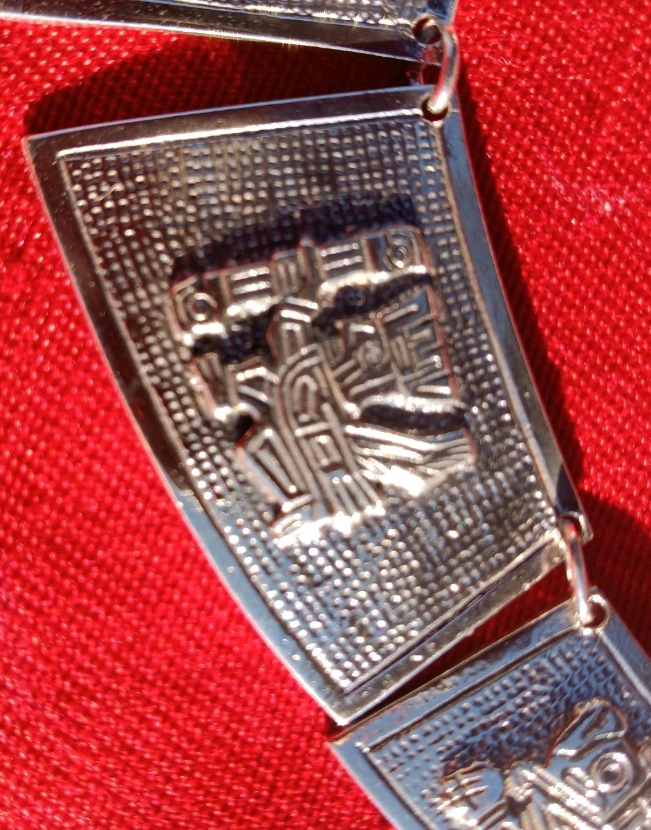 Large 64g 900 Silver Inca Dangle Pendant Necklace Handcrafted Tribal Pattern.