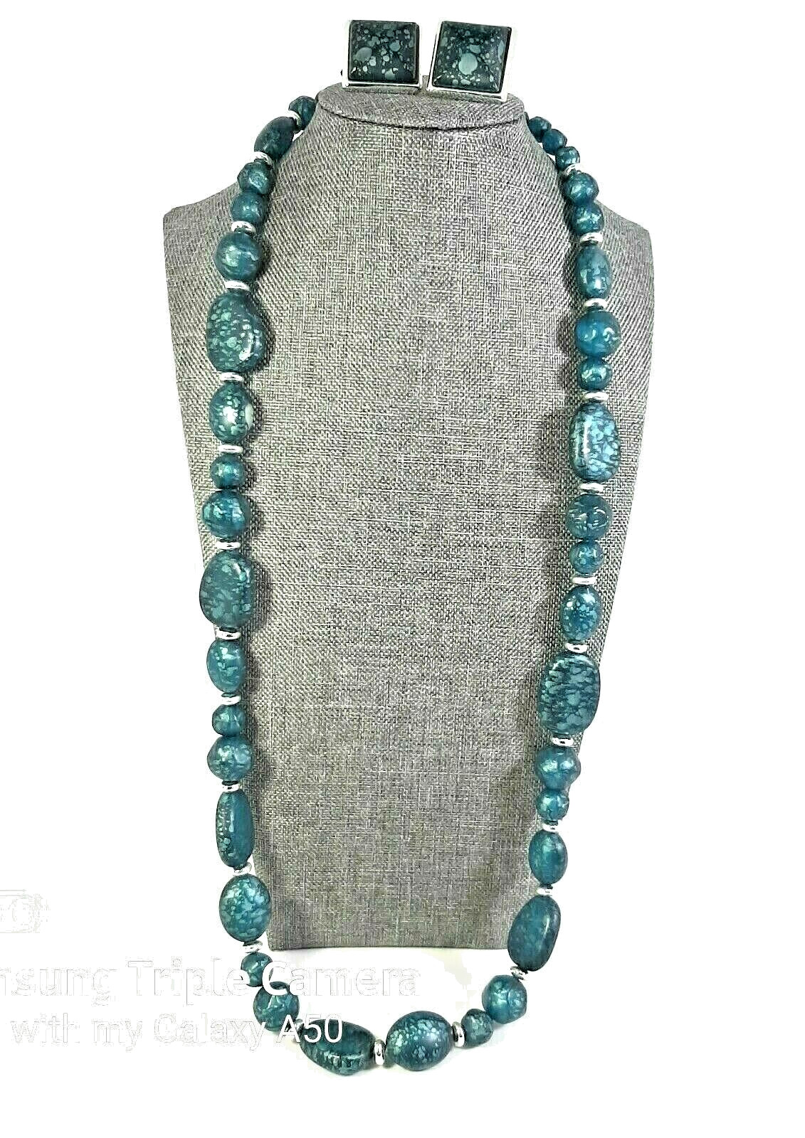 Vintage Marbled Aqua Blue Bead Long Necklace and Matching Clip On Earrings Set