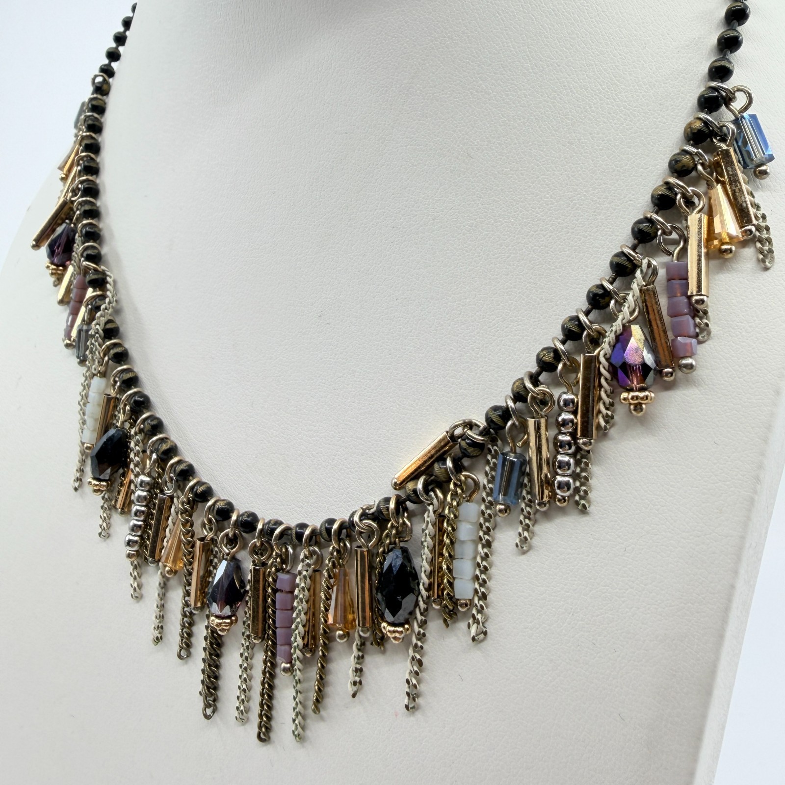 Vintage Boho Multi Strand Fringe Statement Necklace Beaded Chain Bib Mixed Metal