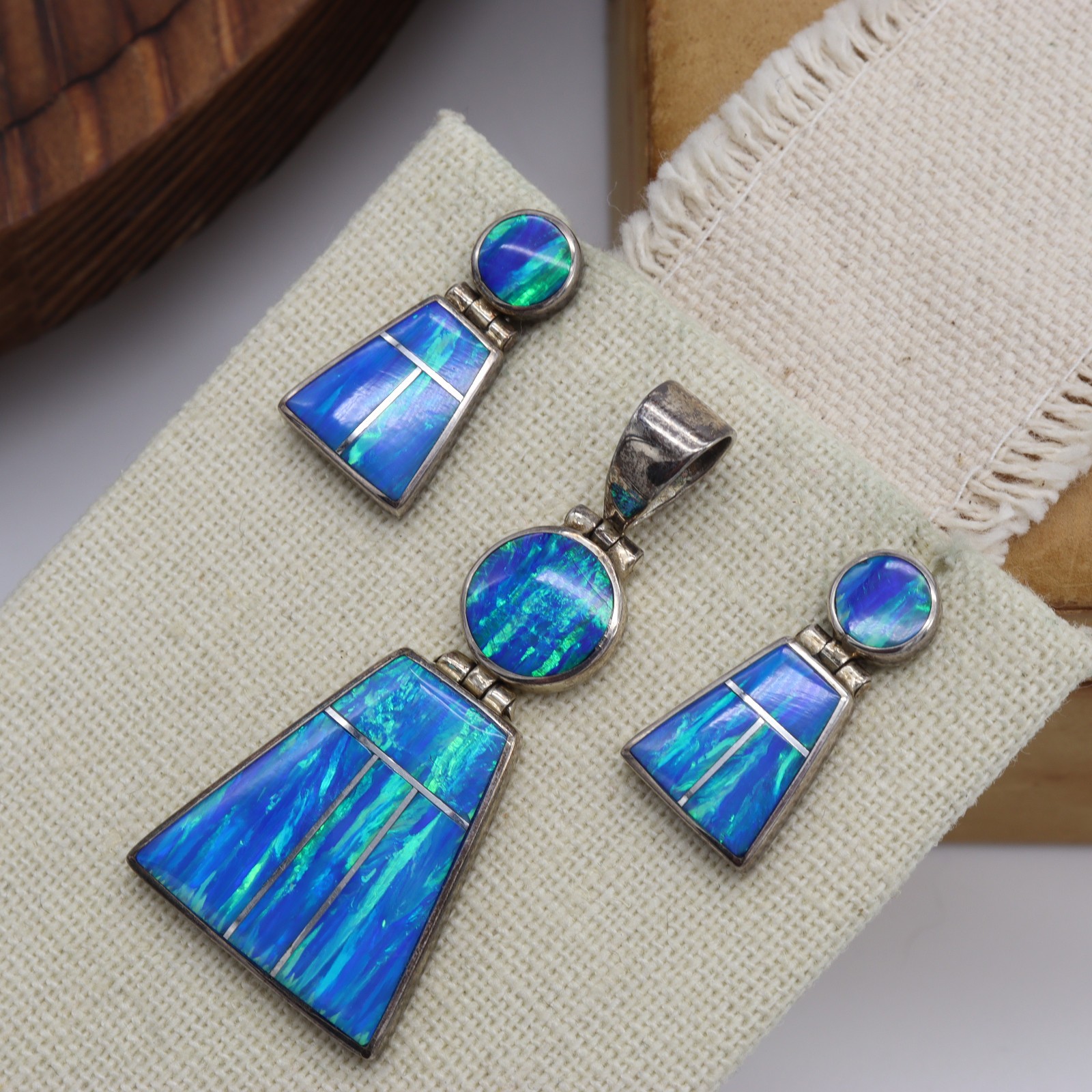 Vtg Sterling Silver 950 Mexico Blue Green Fire Opal Pendant Earrings Set Inlay