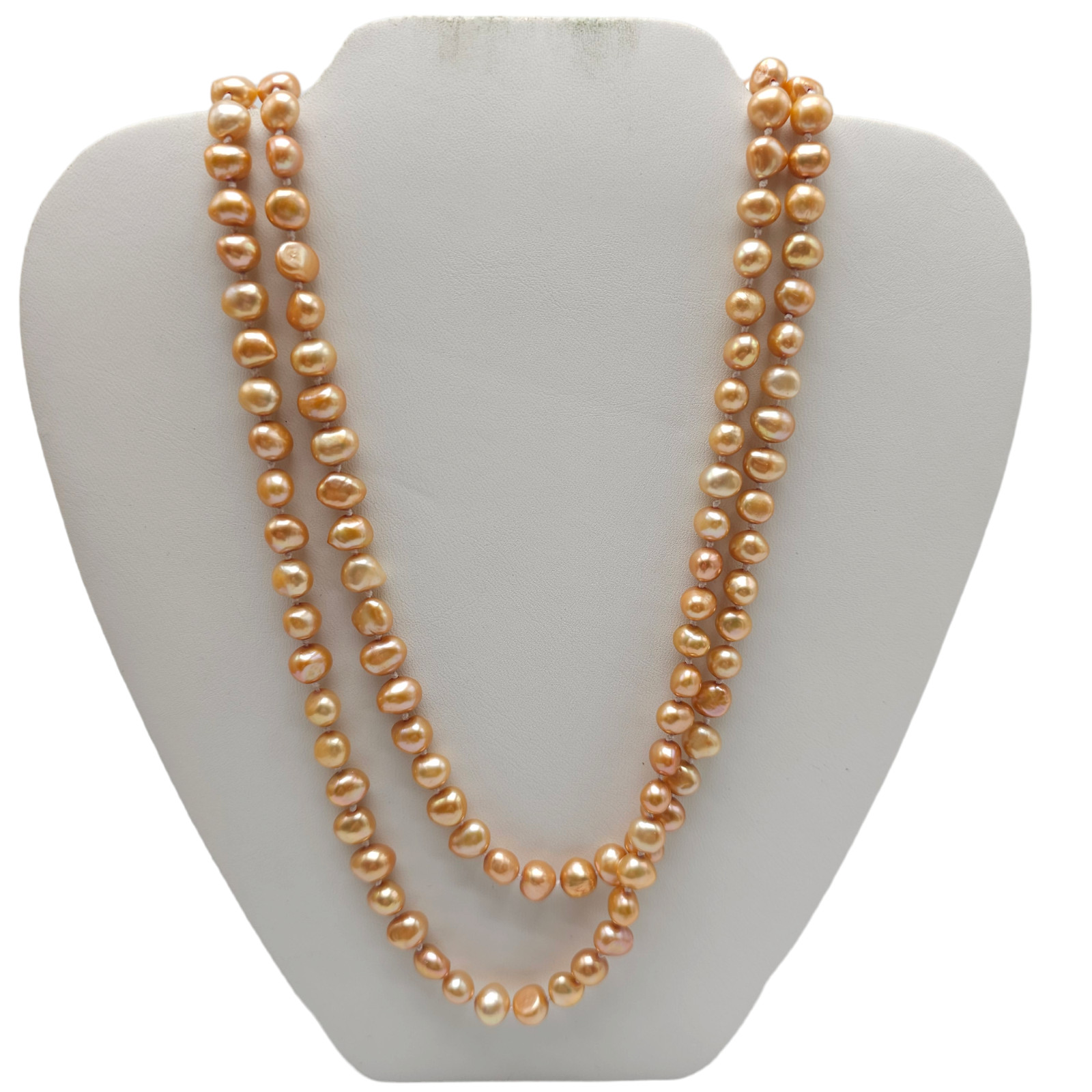 Champagne High Luster Pearl Long Hand-Knotted Necklace Vintage No Clasp