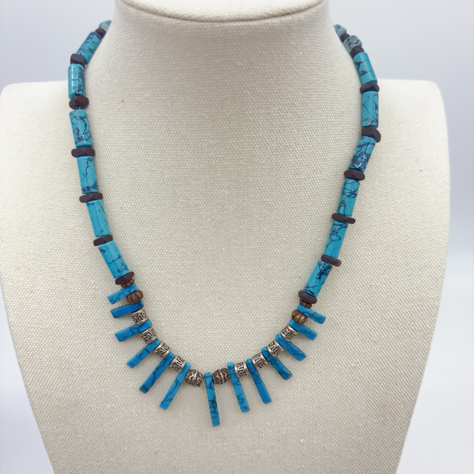 Vintage Southwestern Necklace Silver Tone Faux Turquoise Spike Slab Hippie Boho