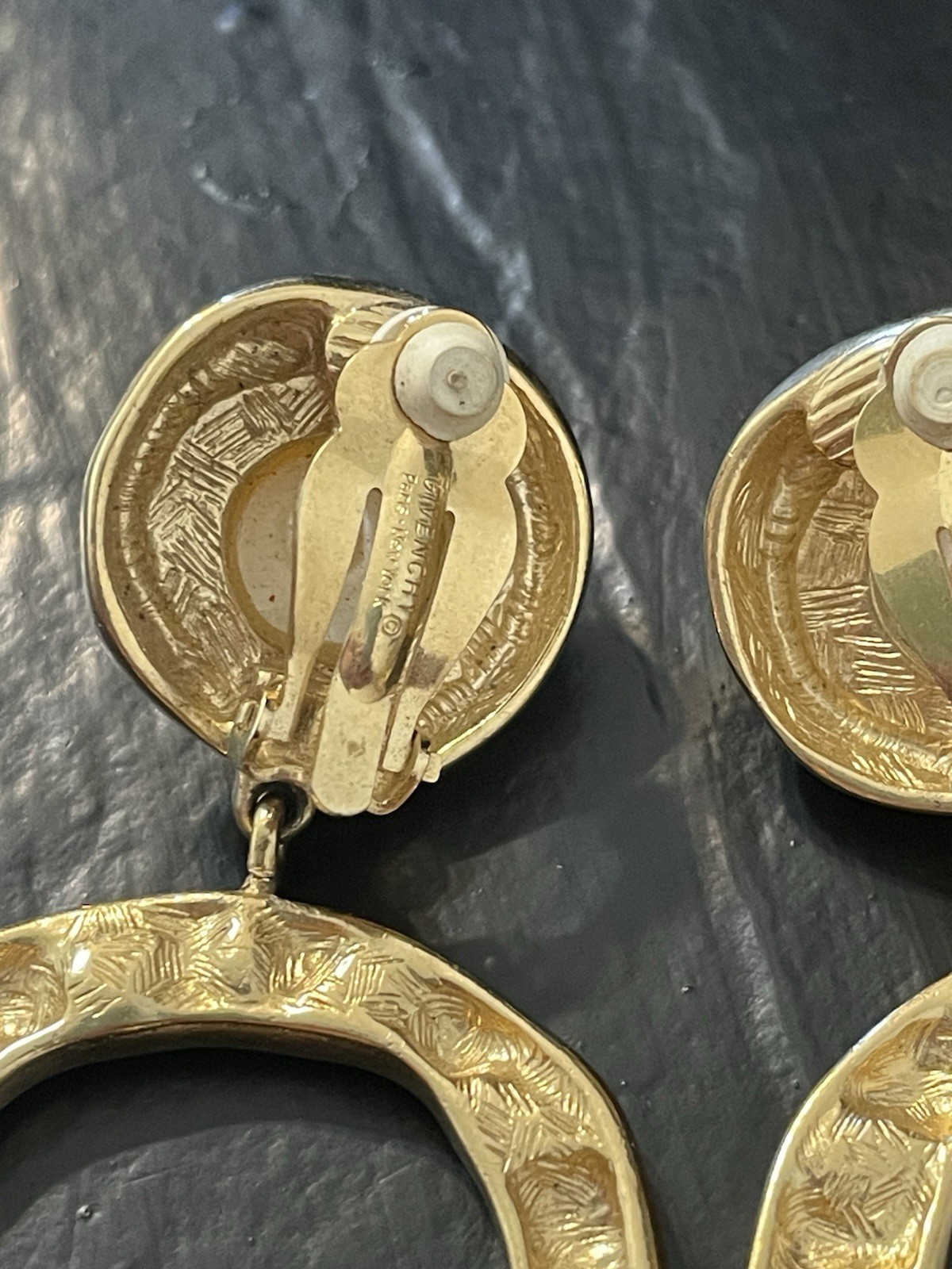 Givenchy Vintage Hoops Earrings Gold Pearl Drop Dangle Black ‘Onyx” Clip Ons