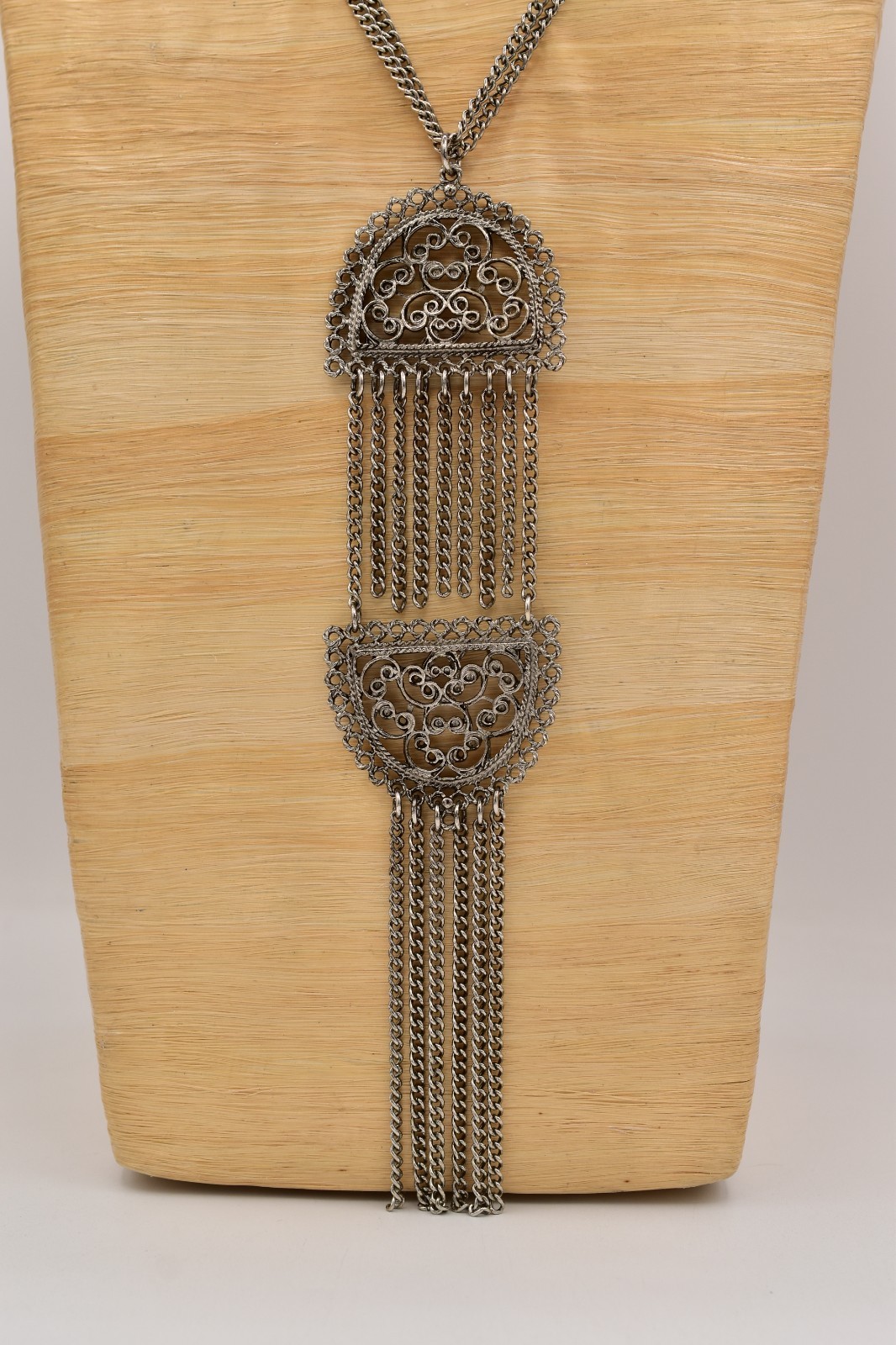 Vintage Silver Filigree Tassel Necklace Long Statement Fringe Chain 1970s Bin3C