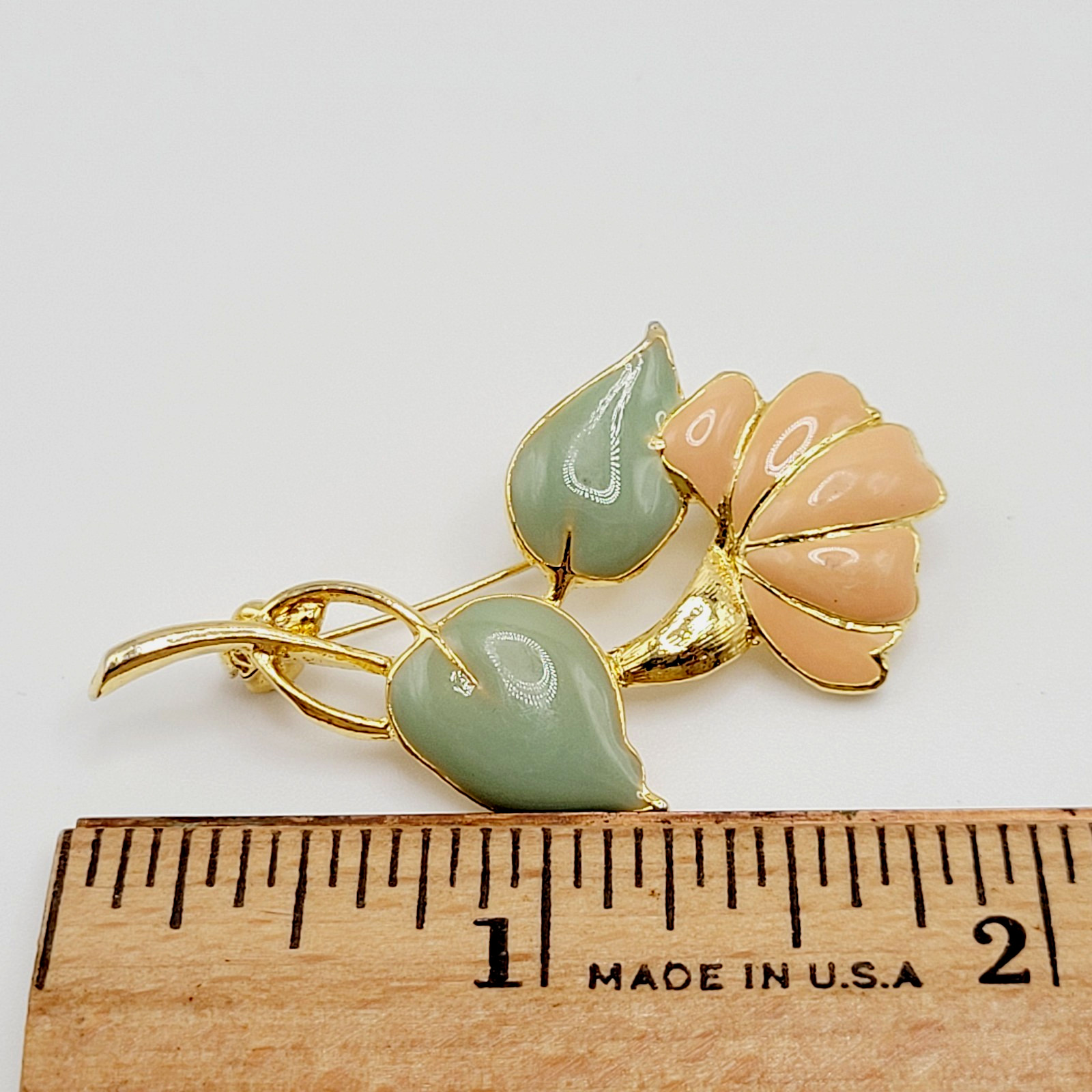MCJ Poppy Peony Broad Blossom Flower Peach Light Green Enamel Gold Tone Brooch