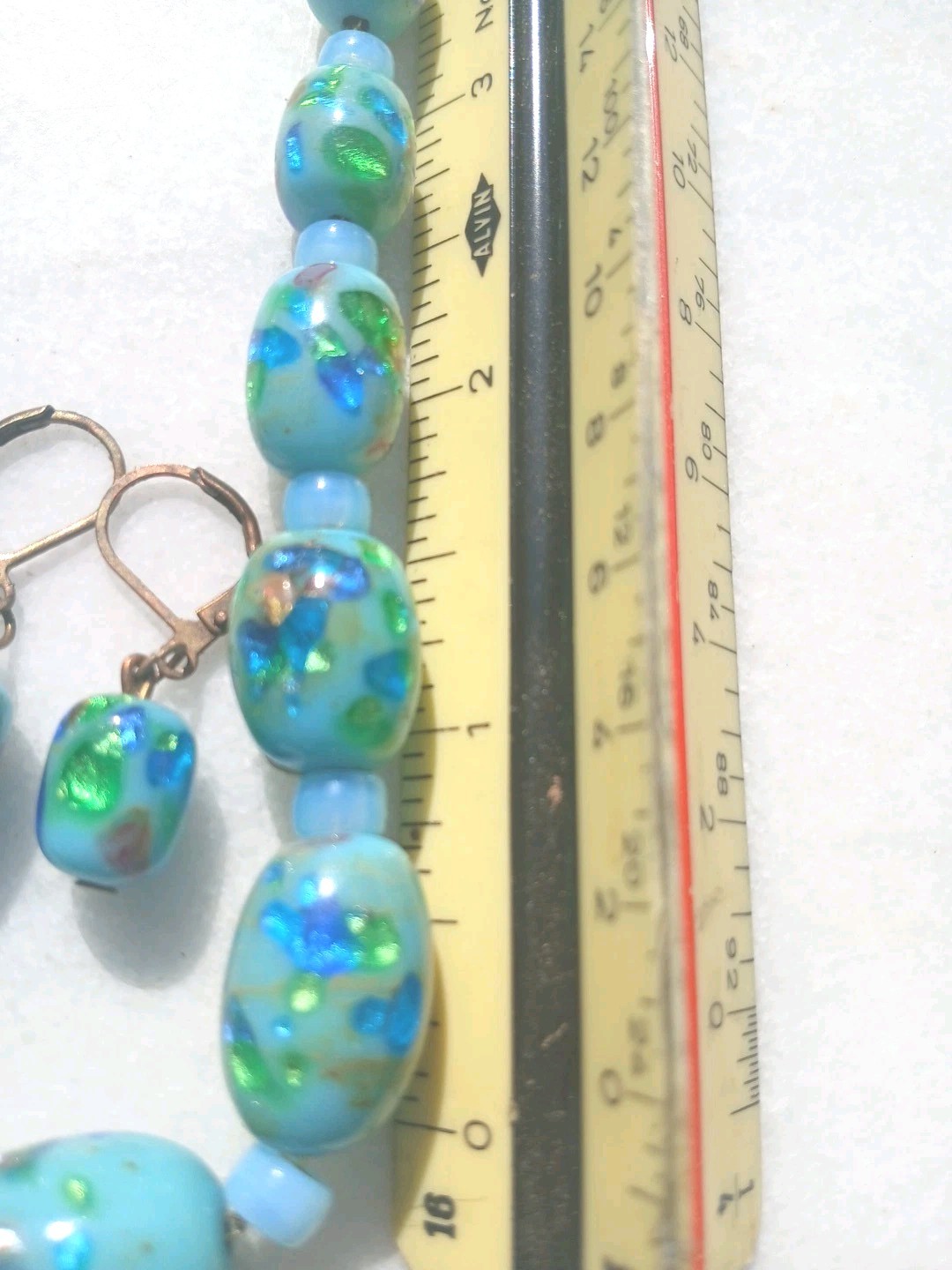 SALE VINTAGE JAPAN FOIL RAINBOW CONFETTI GLASS BARRELL SLIDE CHAIN NECKLACE SET