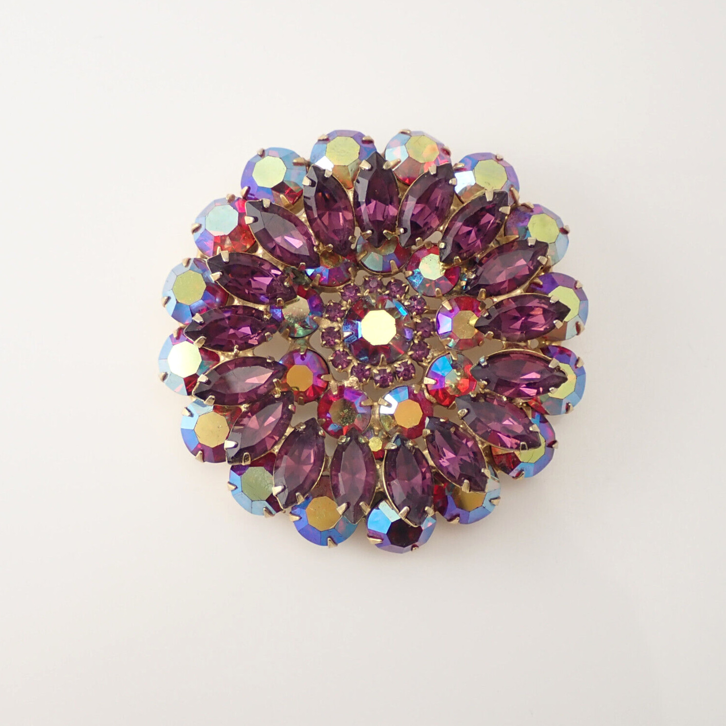 Massive Vintage Juliana Purple AB Red Rhinestone Layered Flower Pin Brooch
