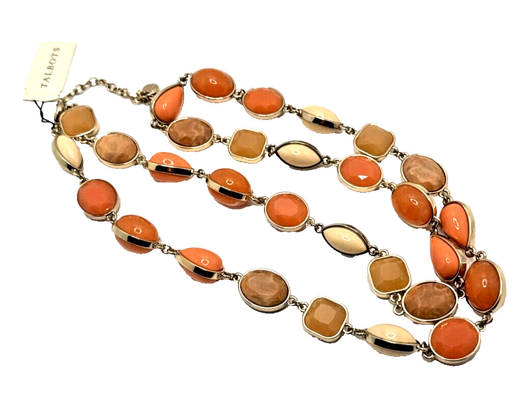 NWT TALBOTS Statement Necklace Peach Orange Tan Gold Tone Links 36-38″ Long NOS